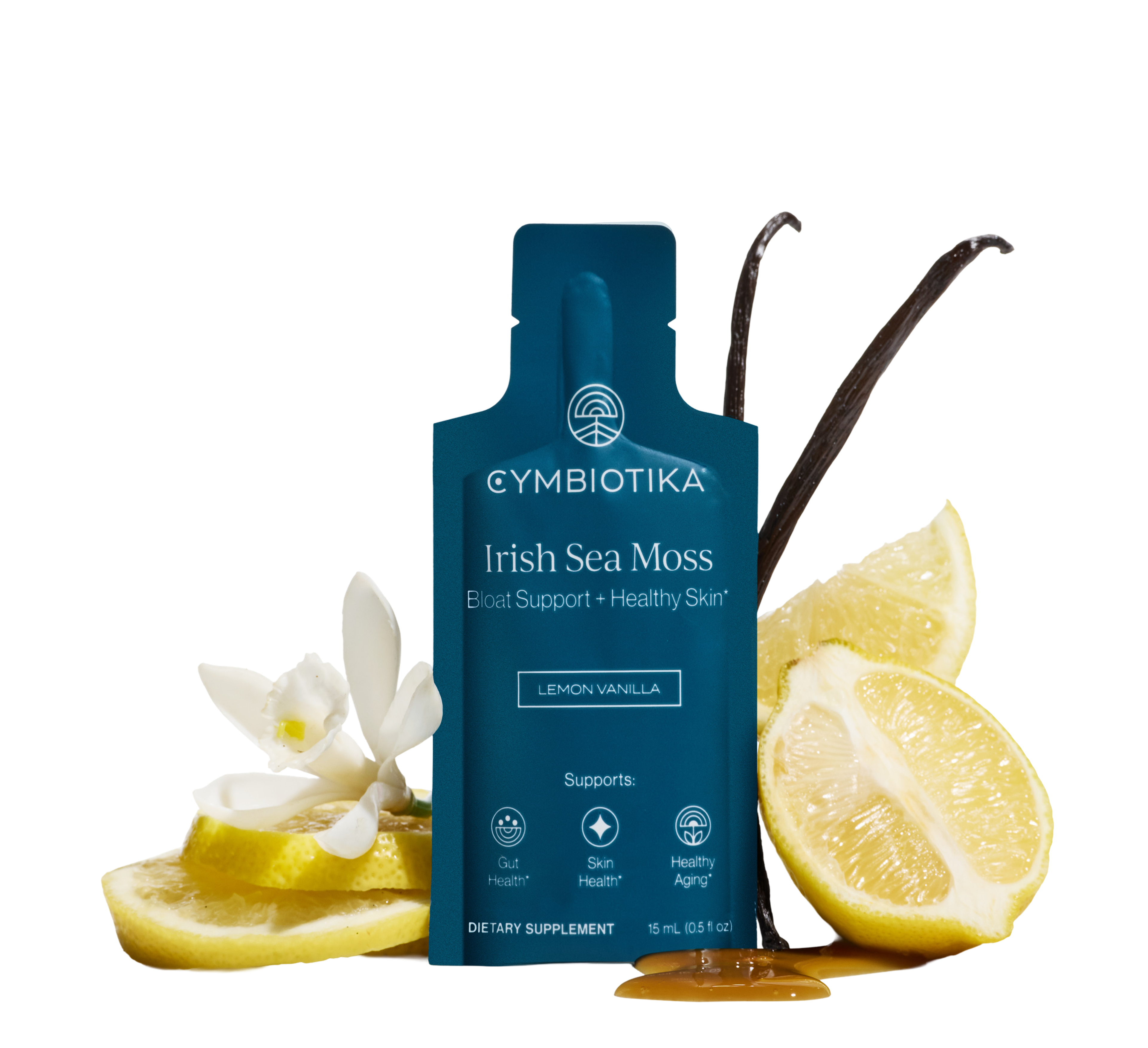 Blue Irish Sea Moss Lemon Vanilla pouch with lemon slices, white flowers, and dark seaweed behind it.