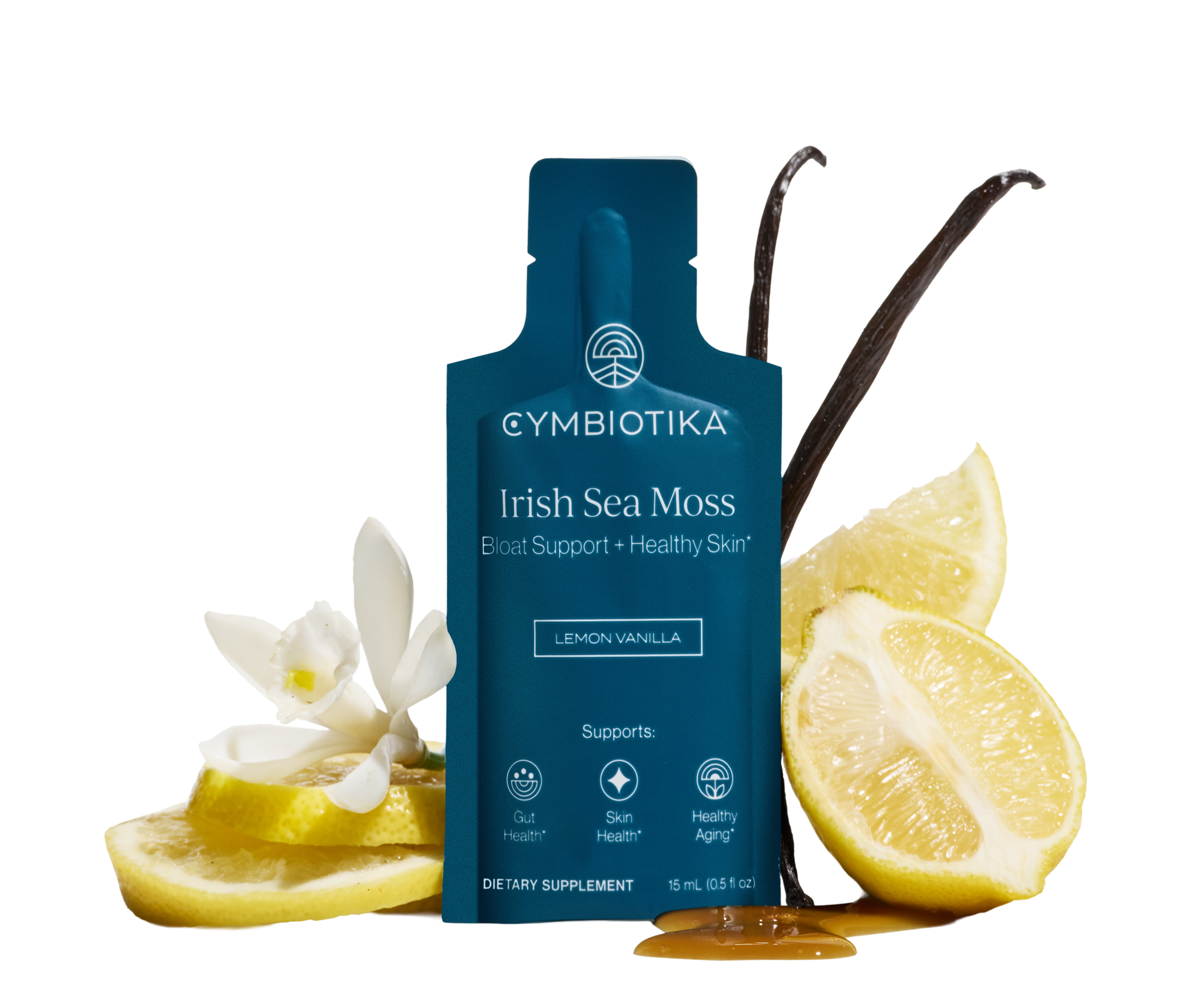 Blue Irish Sea Moss Lemon Vanilla pouch with lemon slices, white flowers, and dark seaweed behind it.
