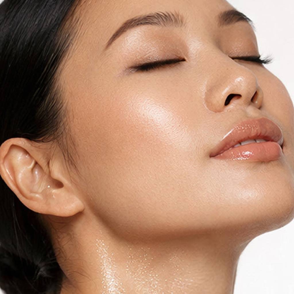 Close-up of a woman with closed eyes and dewy skin against a white background.