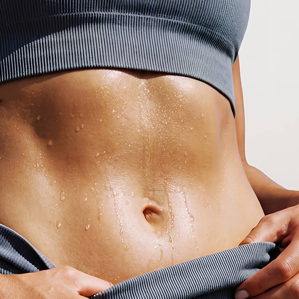 Close-up of a person's sweaty abdomen in gray ribbed workout clothing.