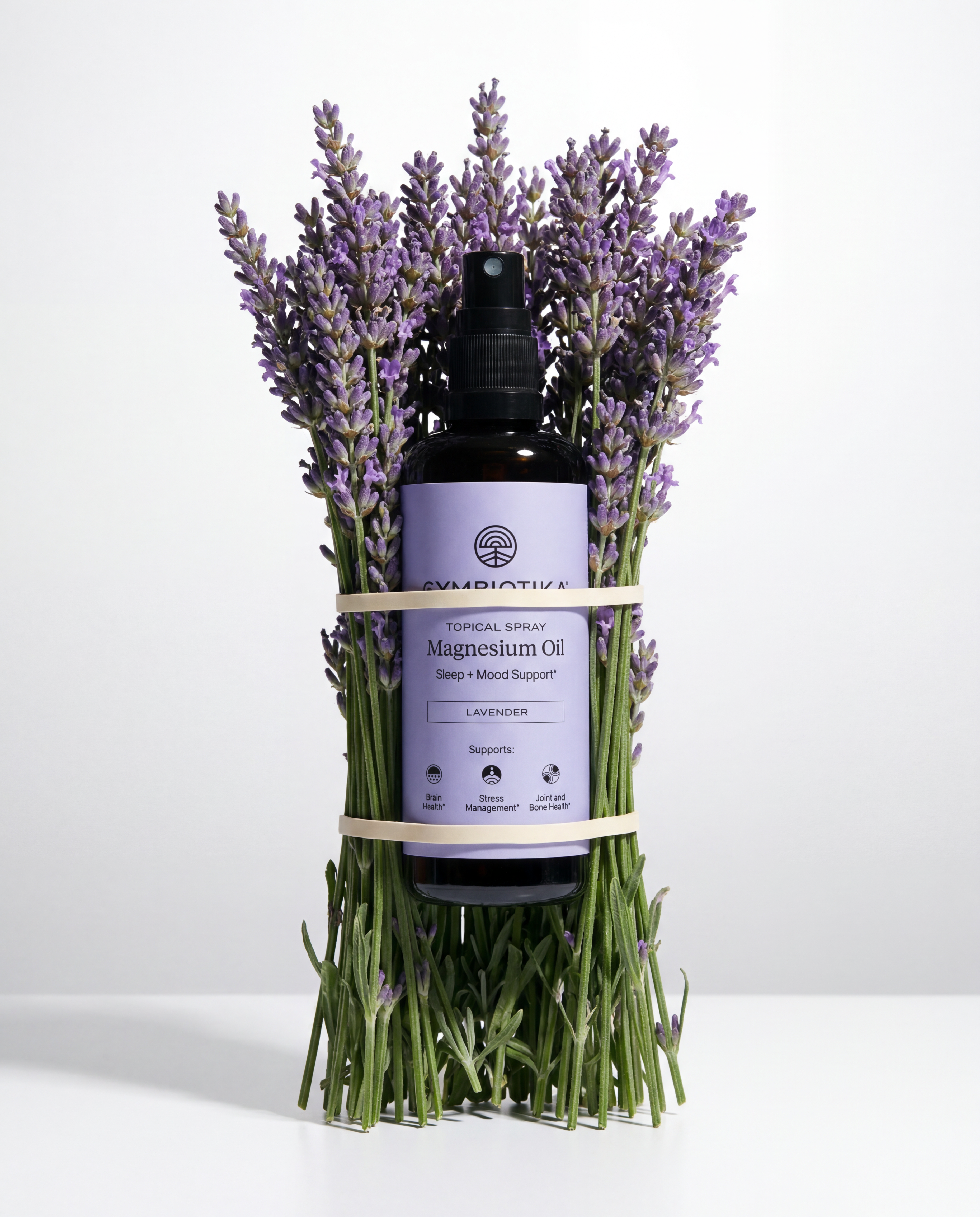 Topical Magnesium Oil Spray bottle nestled among lavender sprigs.