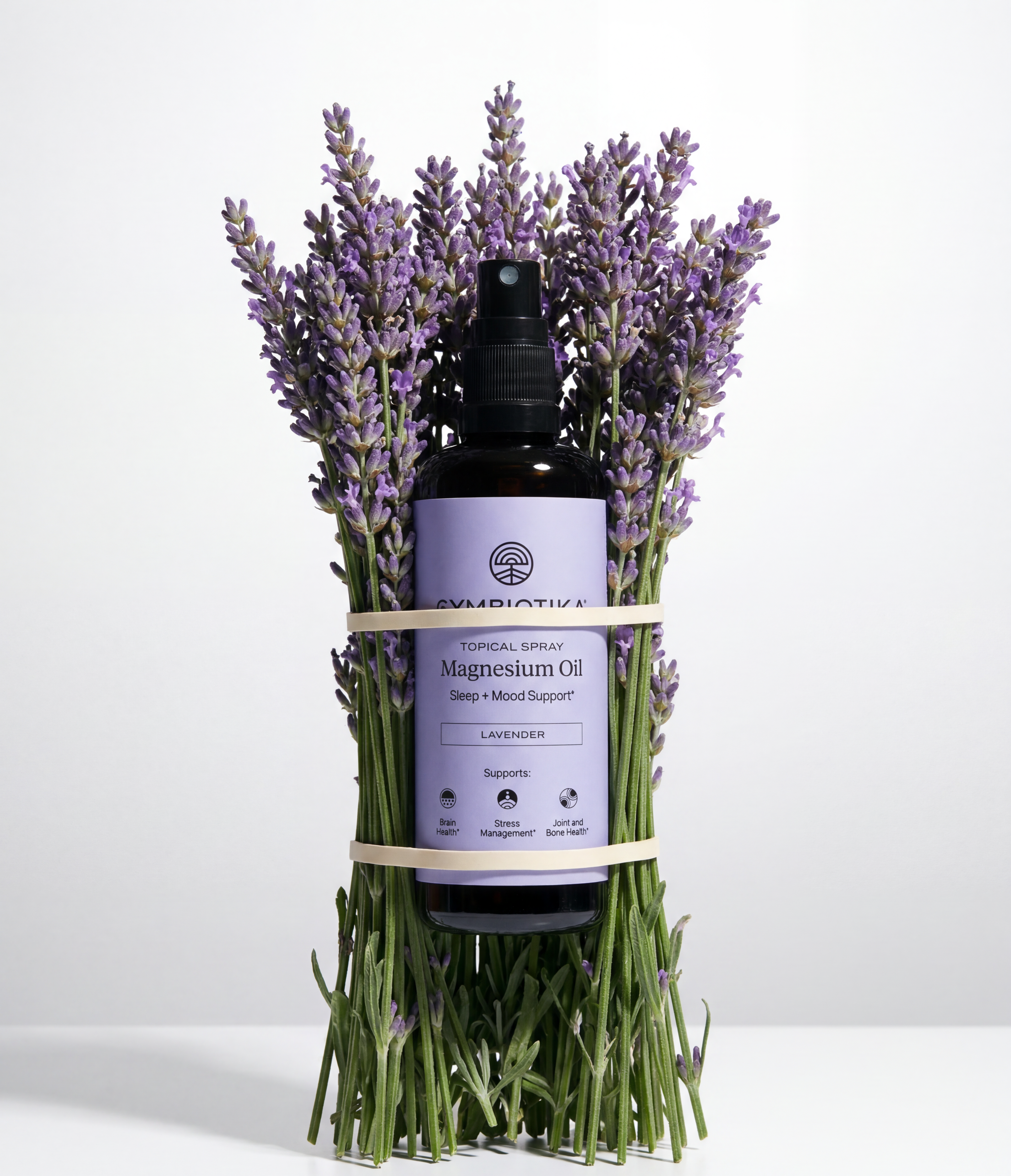 Topical Magnesium Oil Spray bottle nestled among lavender sprigs.