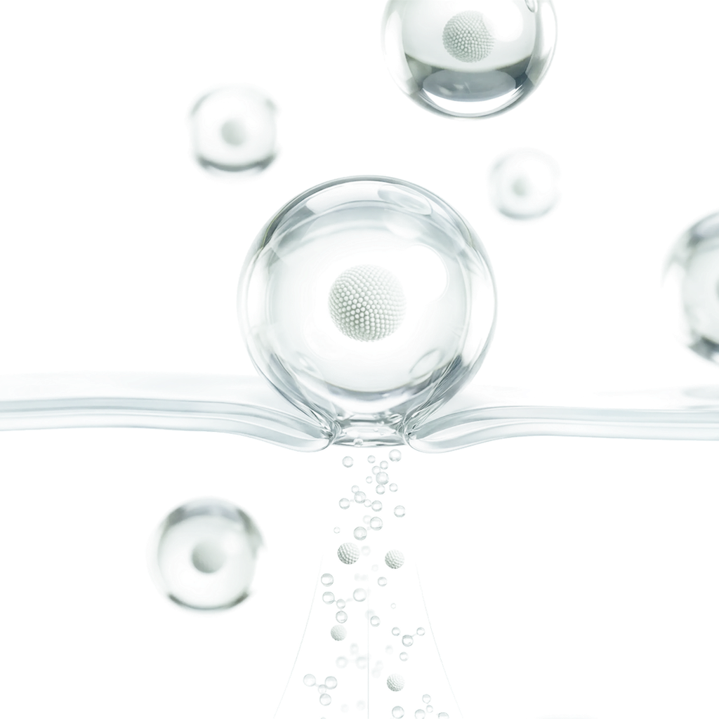 Abstract illustration of translucent spheres and small bubbles flowing through a narrow passage.