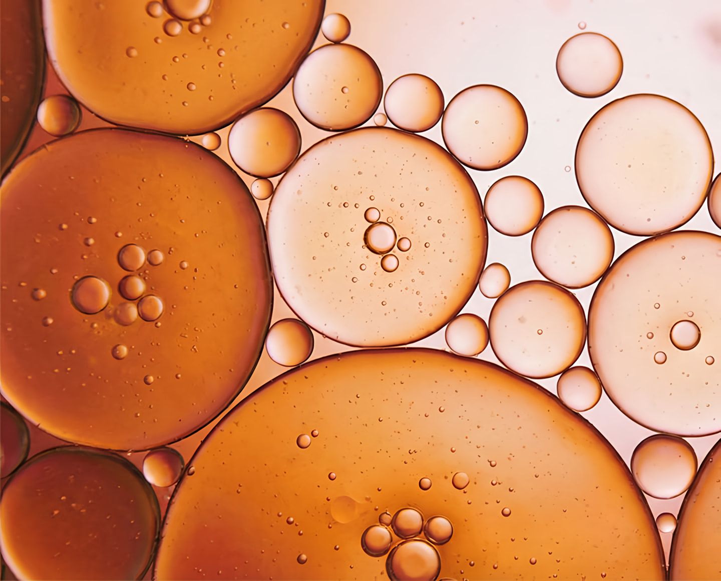 Close-up of amber and pale translucent droplets of varying sizes.