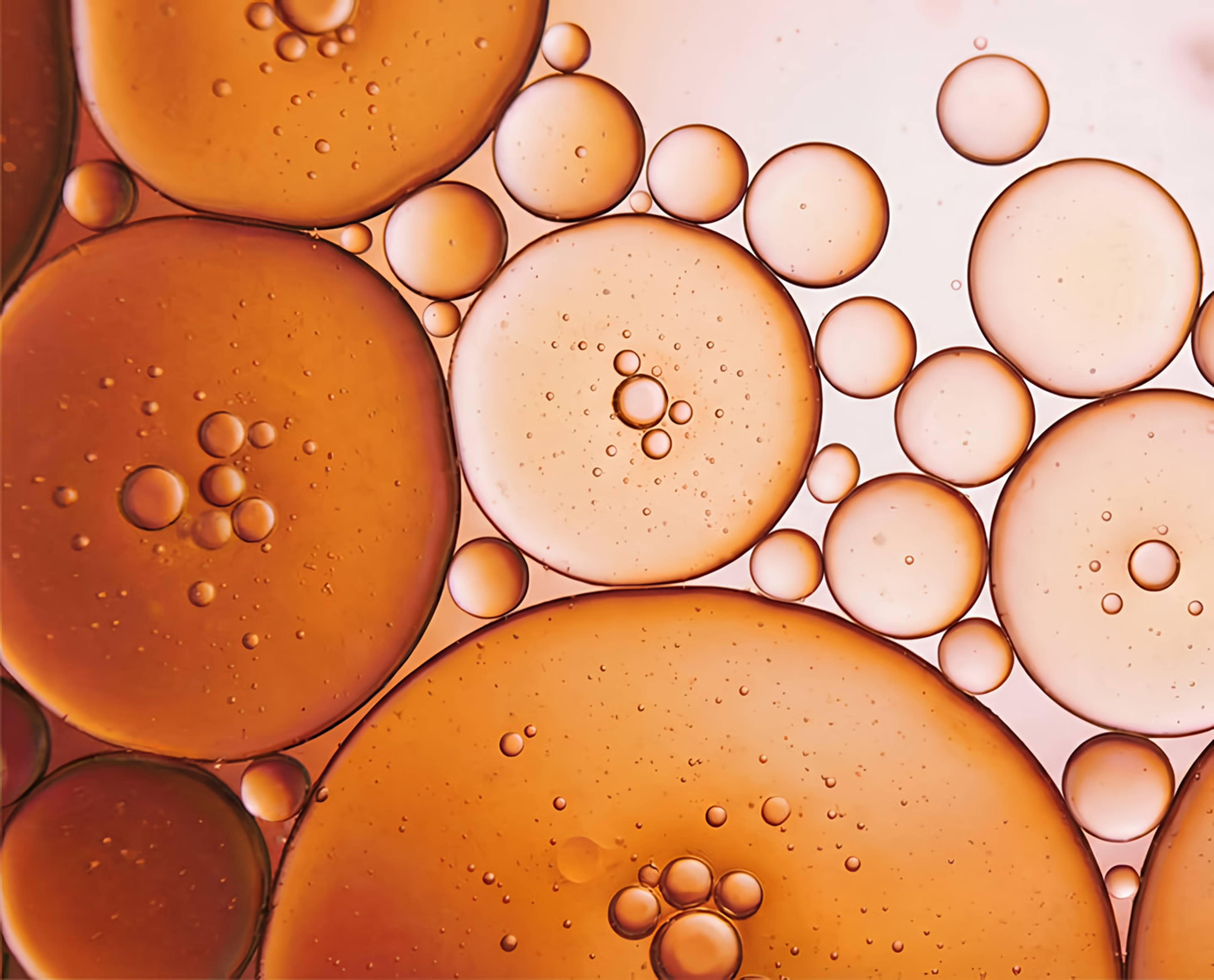Close-up of amber and pale translucent droplets of varying sizes.