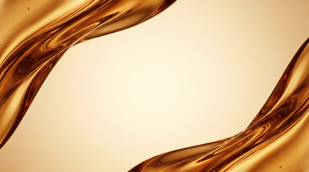 Abstract amber and gold flowing forms curve around a pale center, creating a warm backdrop.