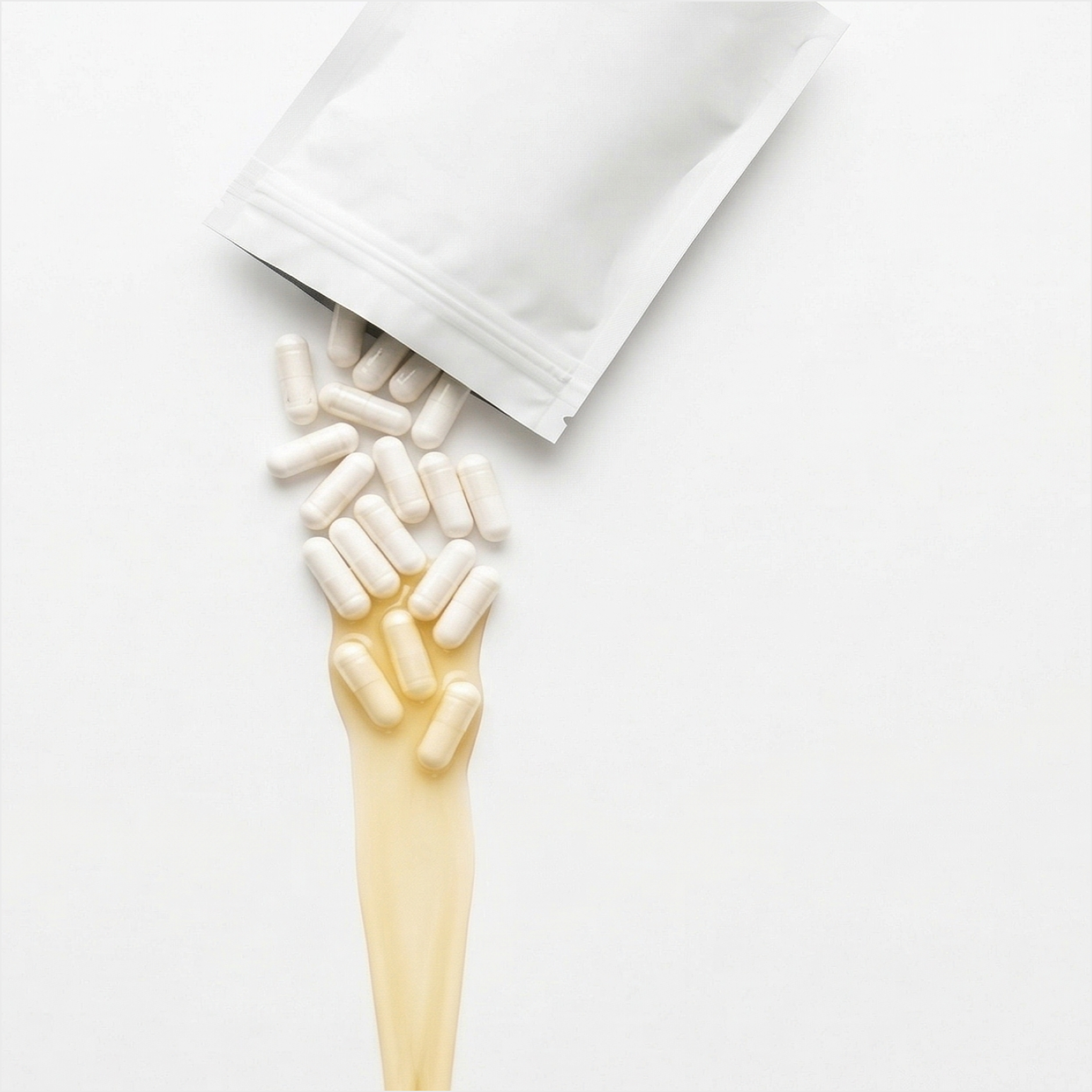 White capsules spill from a plain white pouch onto a translucent, stylized hand and arm.