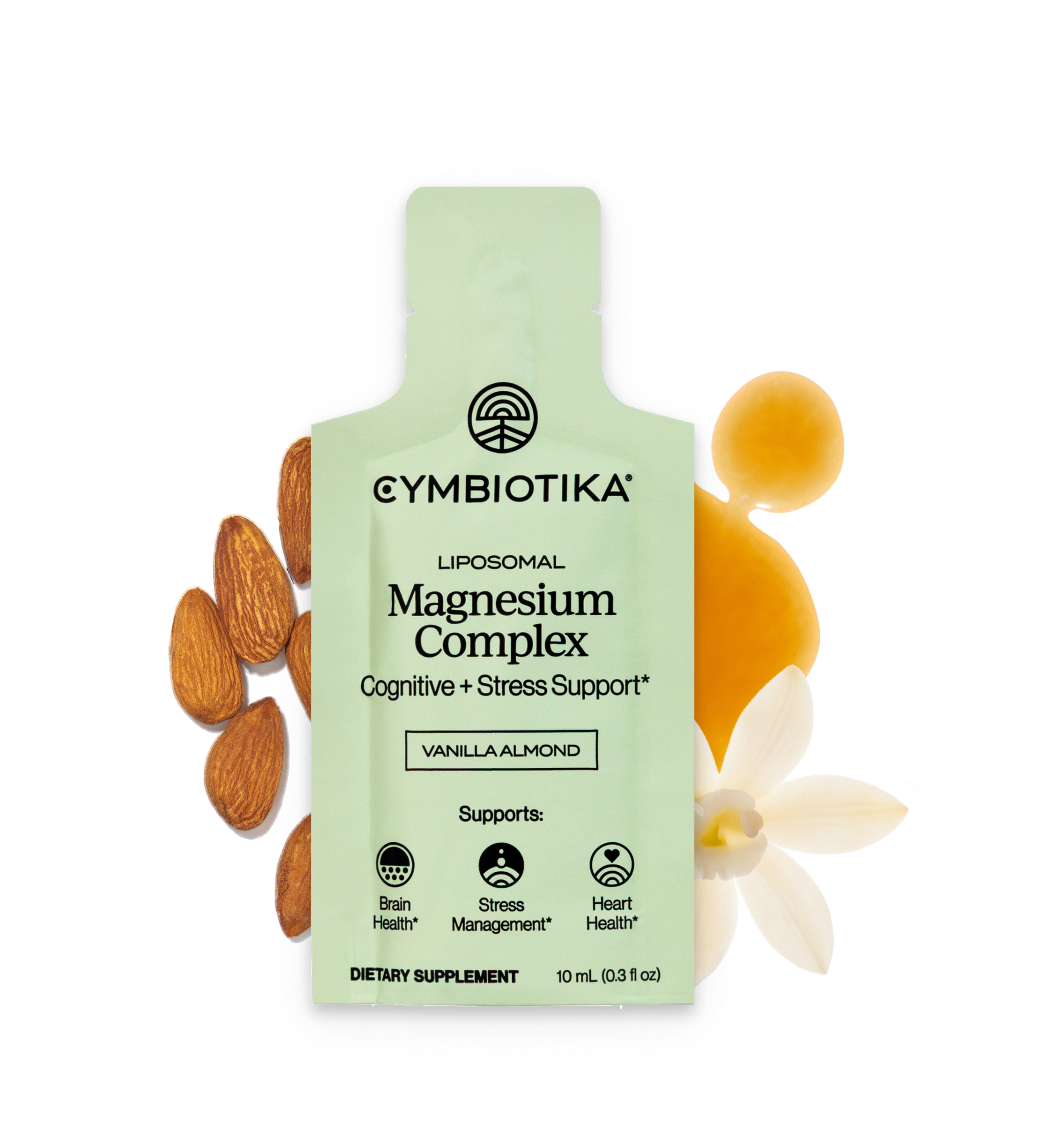 Cymbiotika Liposomal Magnesium Complex packet labeled Vanilla Almond, surrounded by almonds, a pale flower, and a round yellow object.