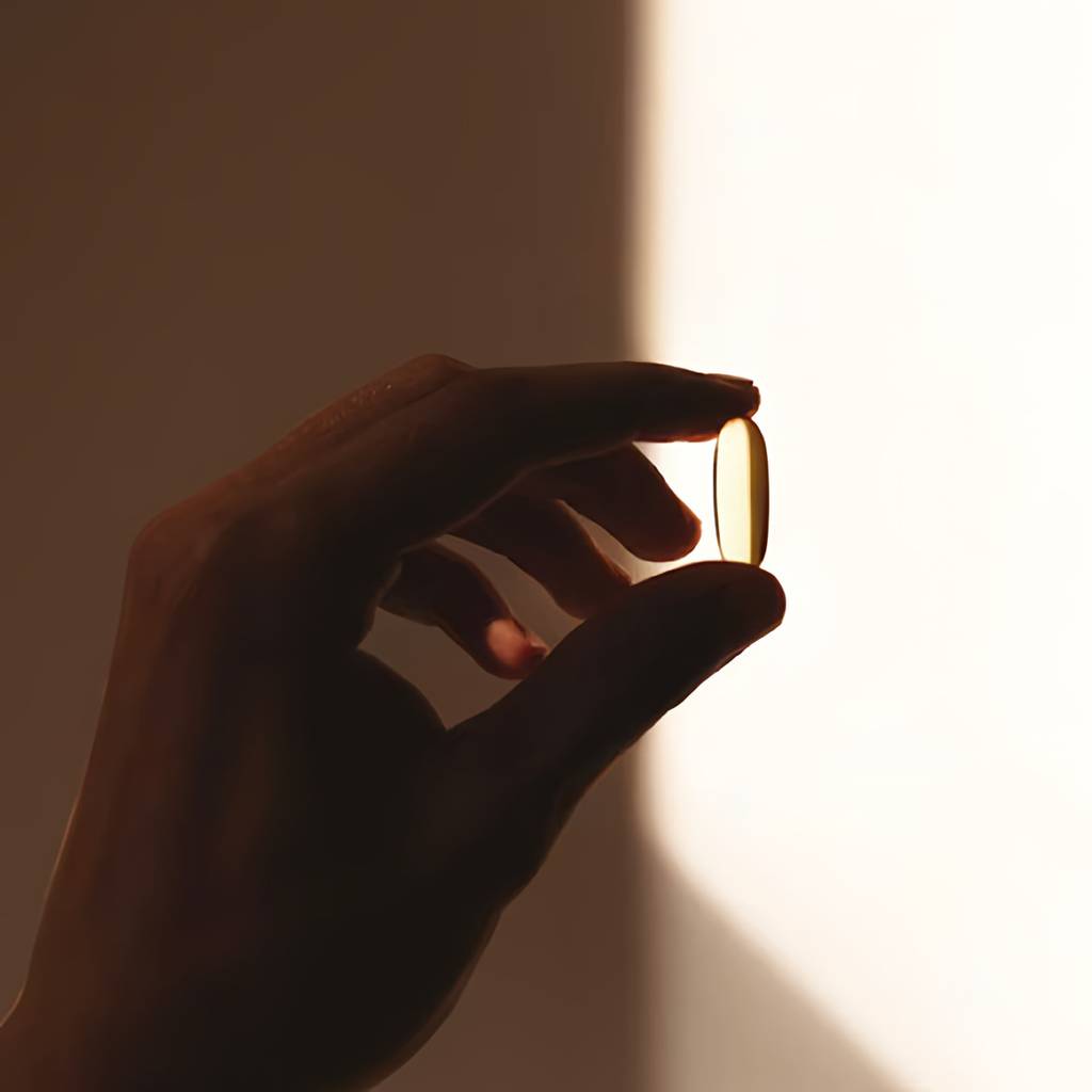 Hand holding a golden softgel capsule against warm sunlight