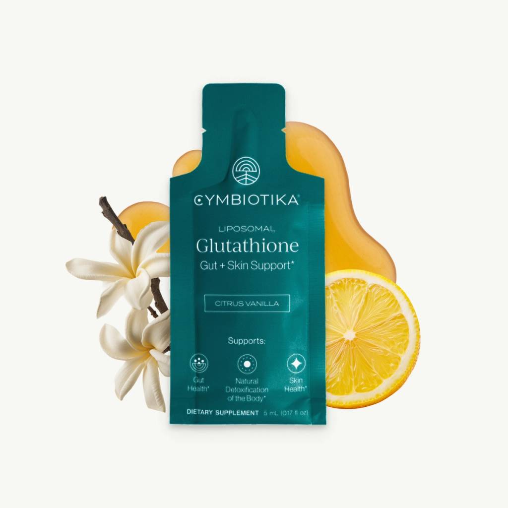 Teal Liposomal Glutathione sachet with lemon and white flowers, labeled Citrus Vanilla.