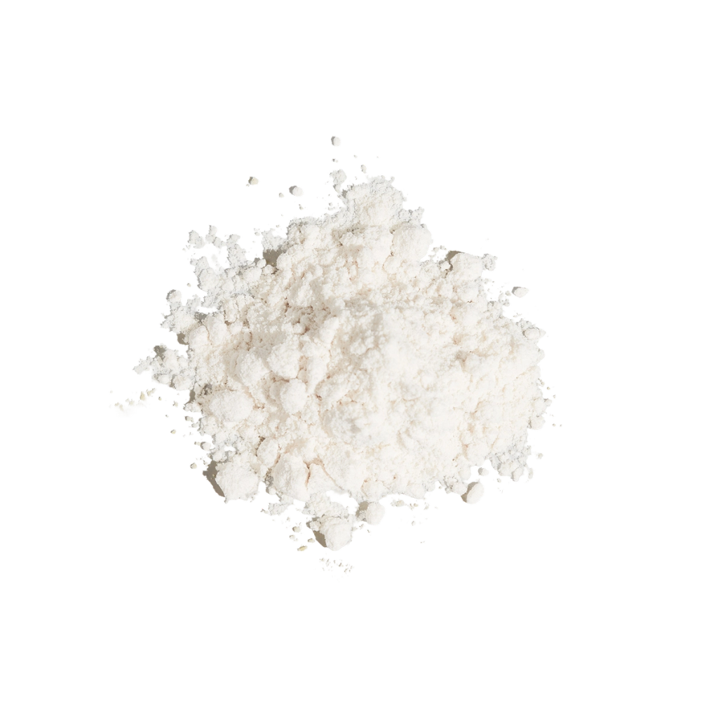 A mound of pale, fine powder with scattered small clumps.