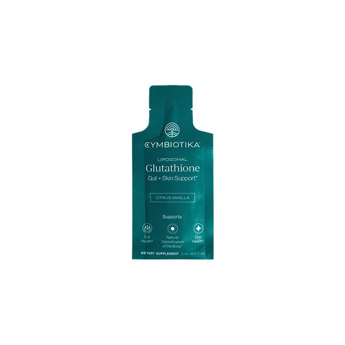 Teal single-serving packet labeled Cymbiotika Liposomal Glutathione.