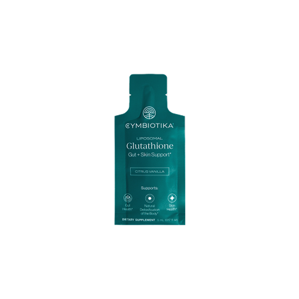 Teal single-serving packet labeled Cymbiotika Liposomal Glutathione.