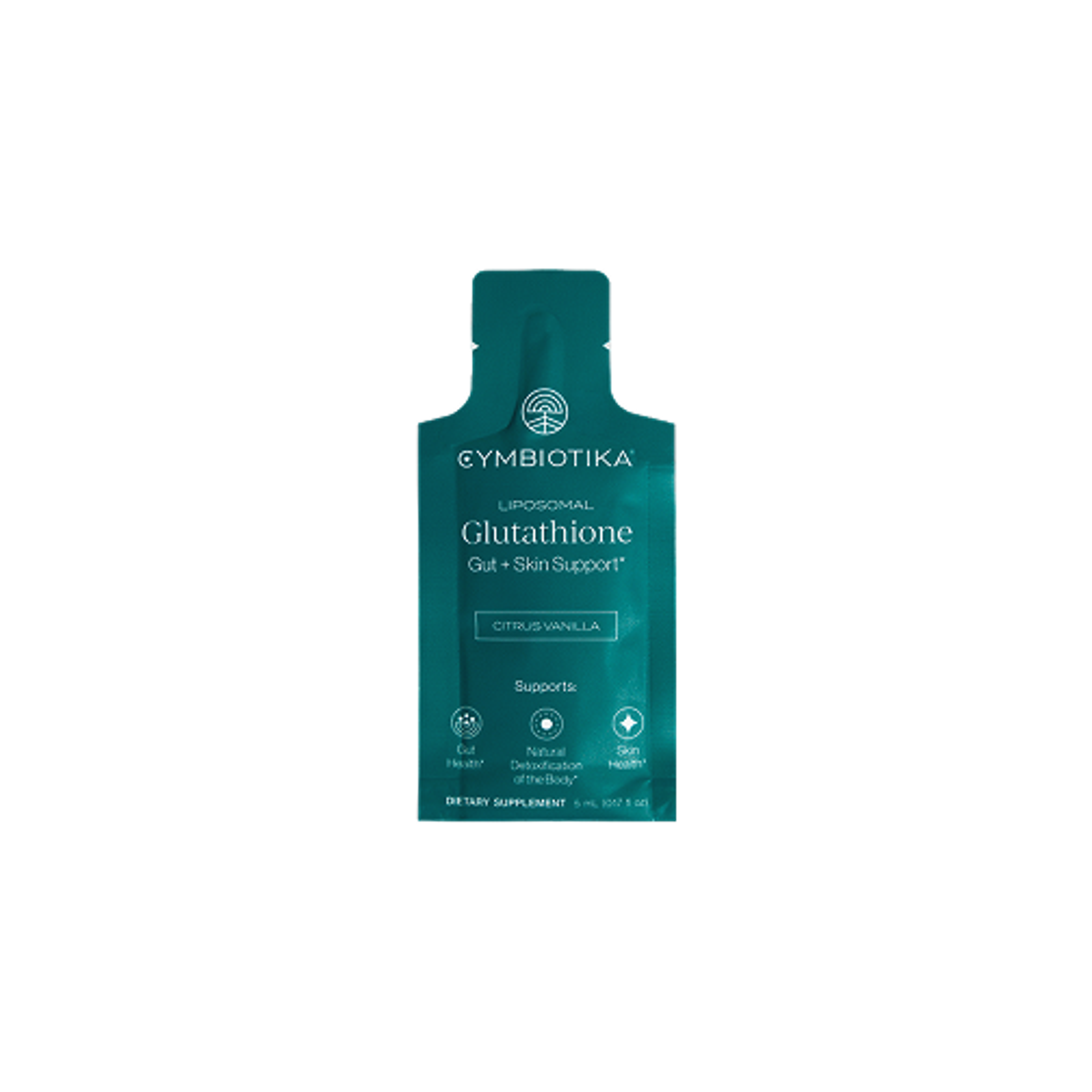 Teal single-serving packet labeled Cymbiotika Liposomal Glutathione.