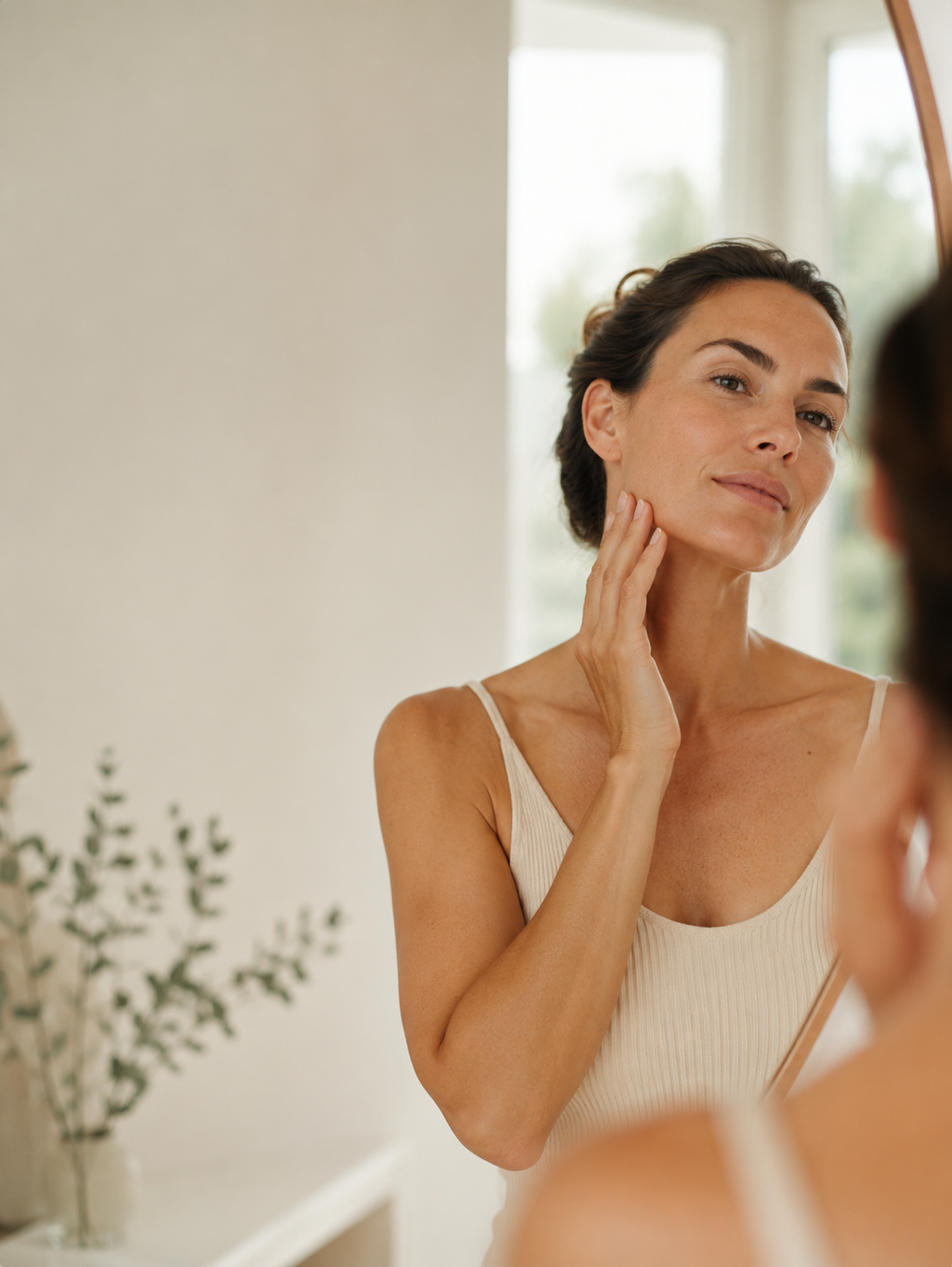 Woman in a white top gently touches her cheek while looking in a mirror.