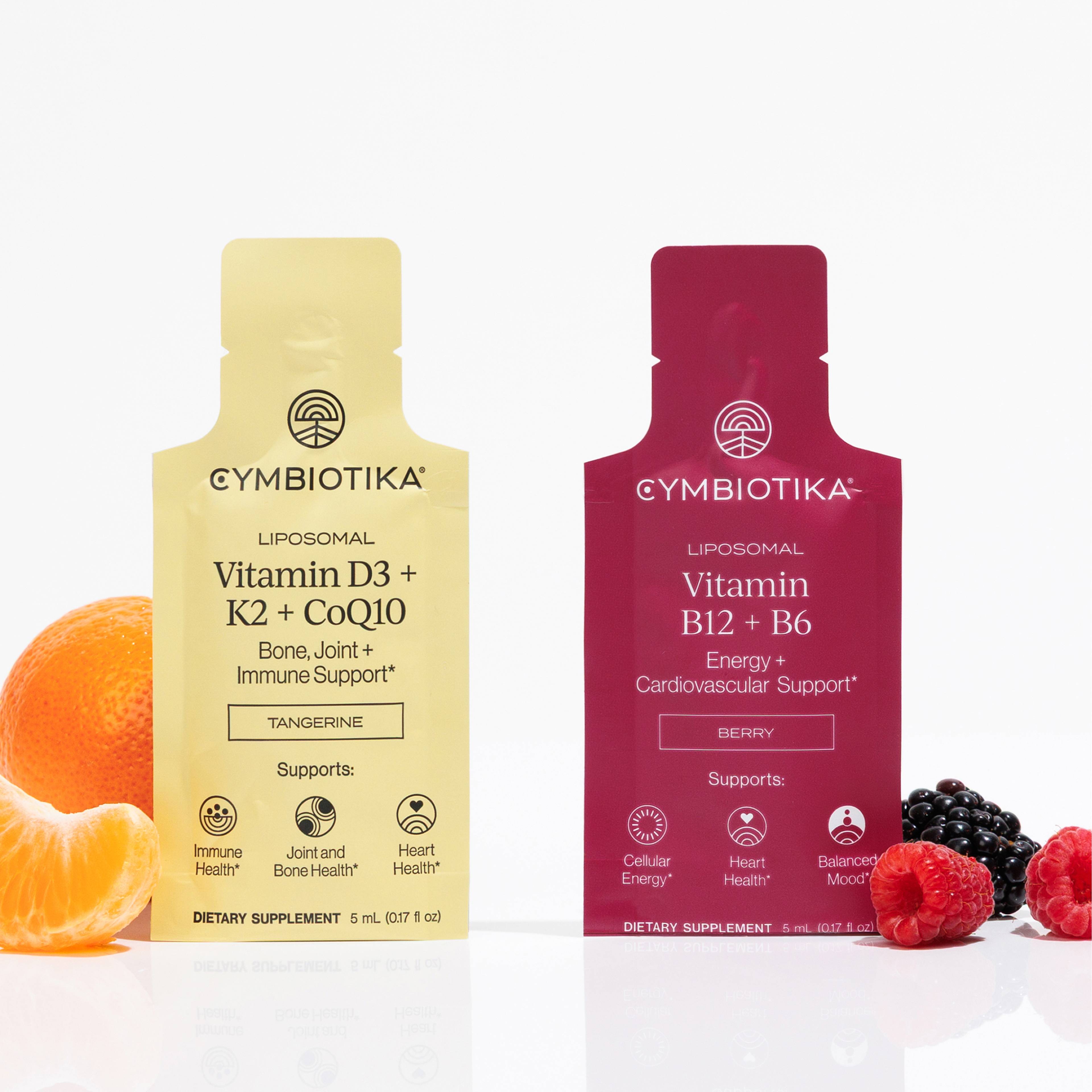 Liposomal Vitamin D3 + K2 + CoQ10 and Vitamin B12 + B6 sachets displayed with tangerine and berries.
