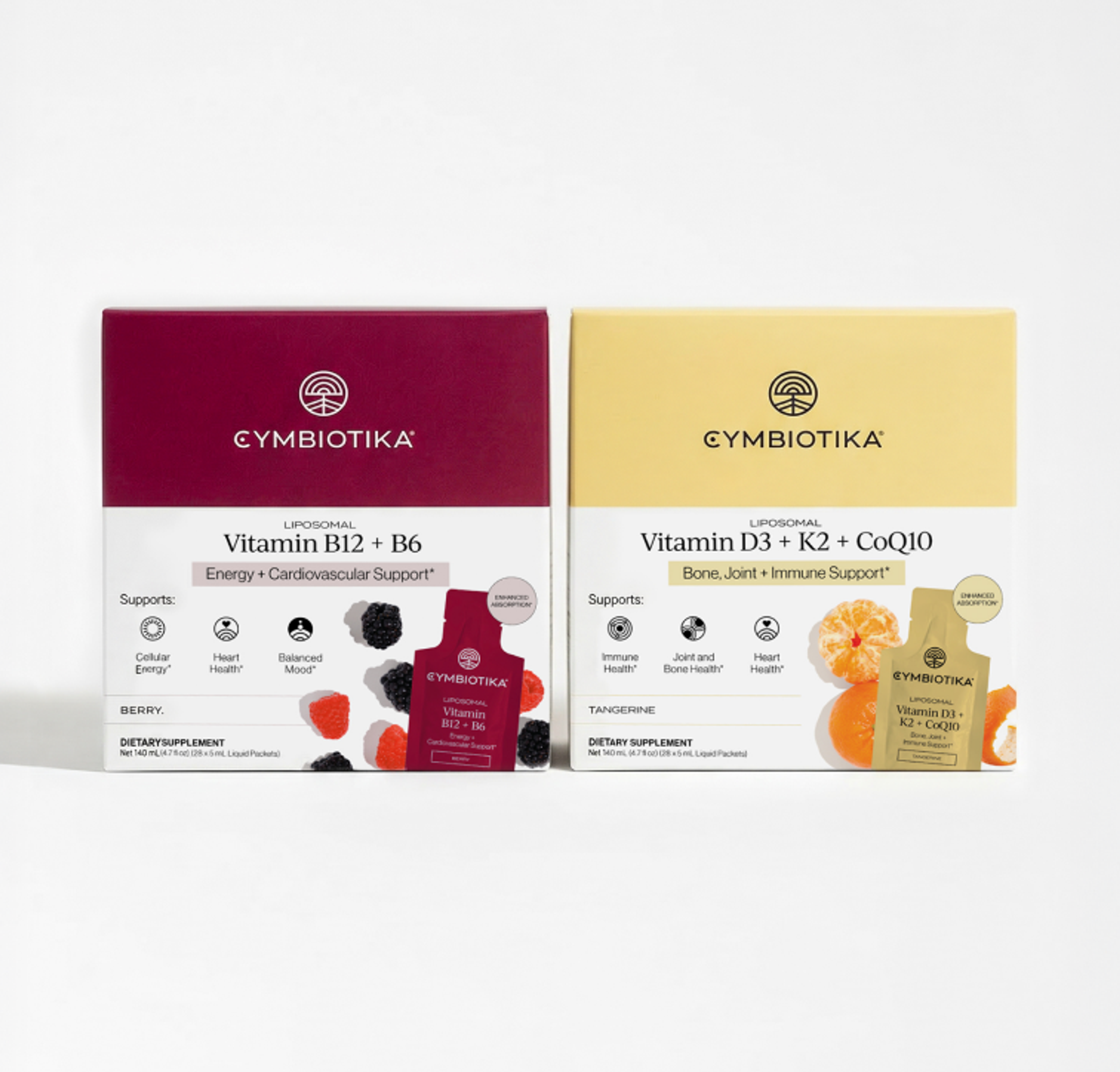 Two Cymbiotika supplement boxes labeled Vitamin B12 + B6 and Vitamin D3 + K2 + CoQ10.