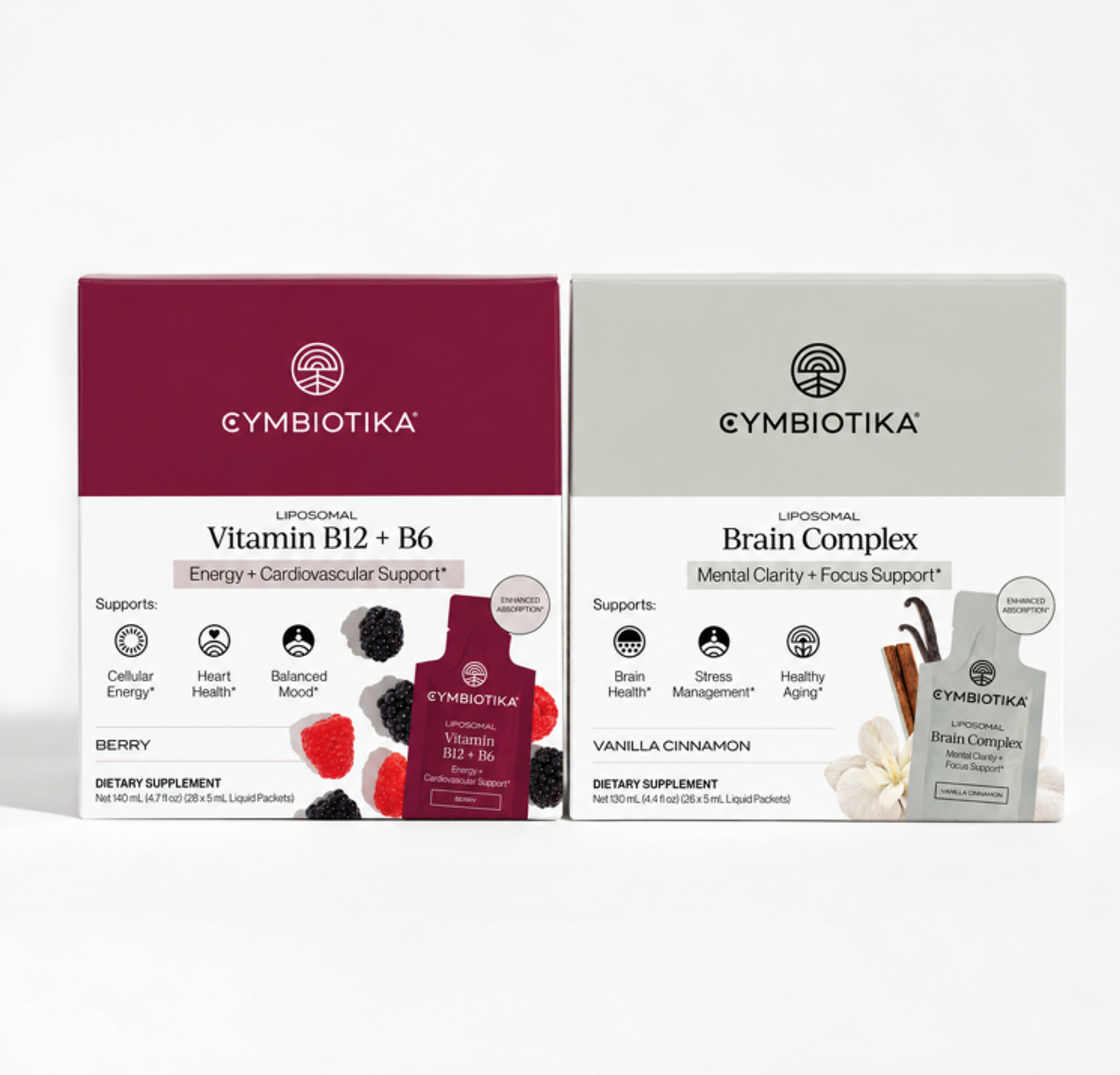 Cymbiotika Liposomal Vitamin B12 + B6 and Liposomal Brain Complex boxes with matching supplement sachets.