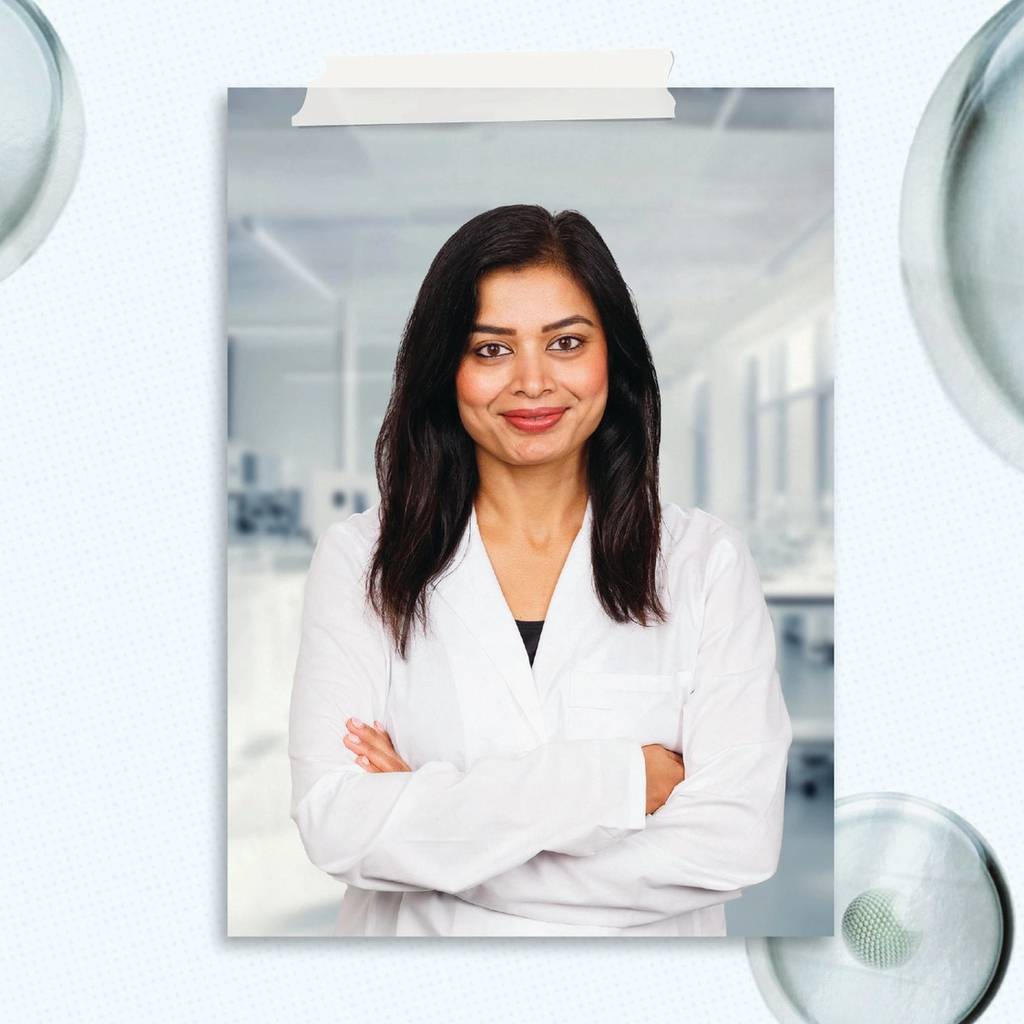 Portrait of a woman in a white lab coat framed by translucent circular shapes, with “Ask Dr. Shilpa” text.