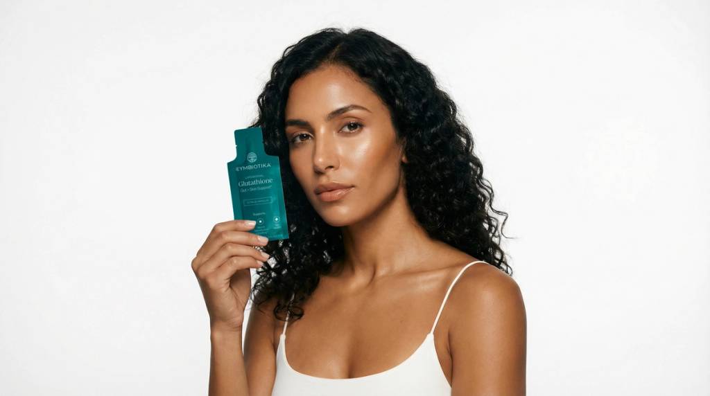 Woman in a white camisole holds a Cymbiotika Liposomal Glutathione packet beside her face.