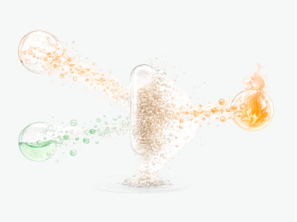 Illustration of orange and green particles flowing toward a central mound of powder.