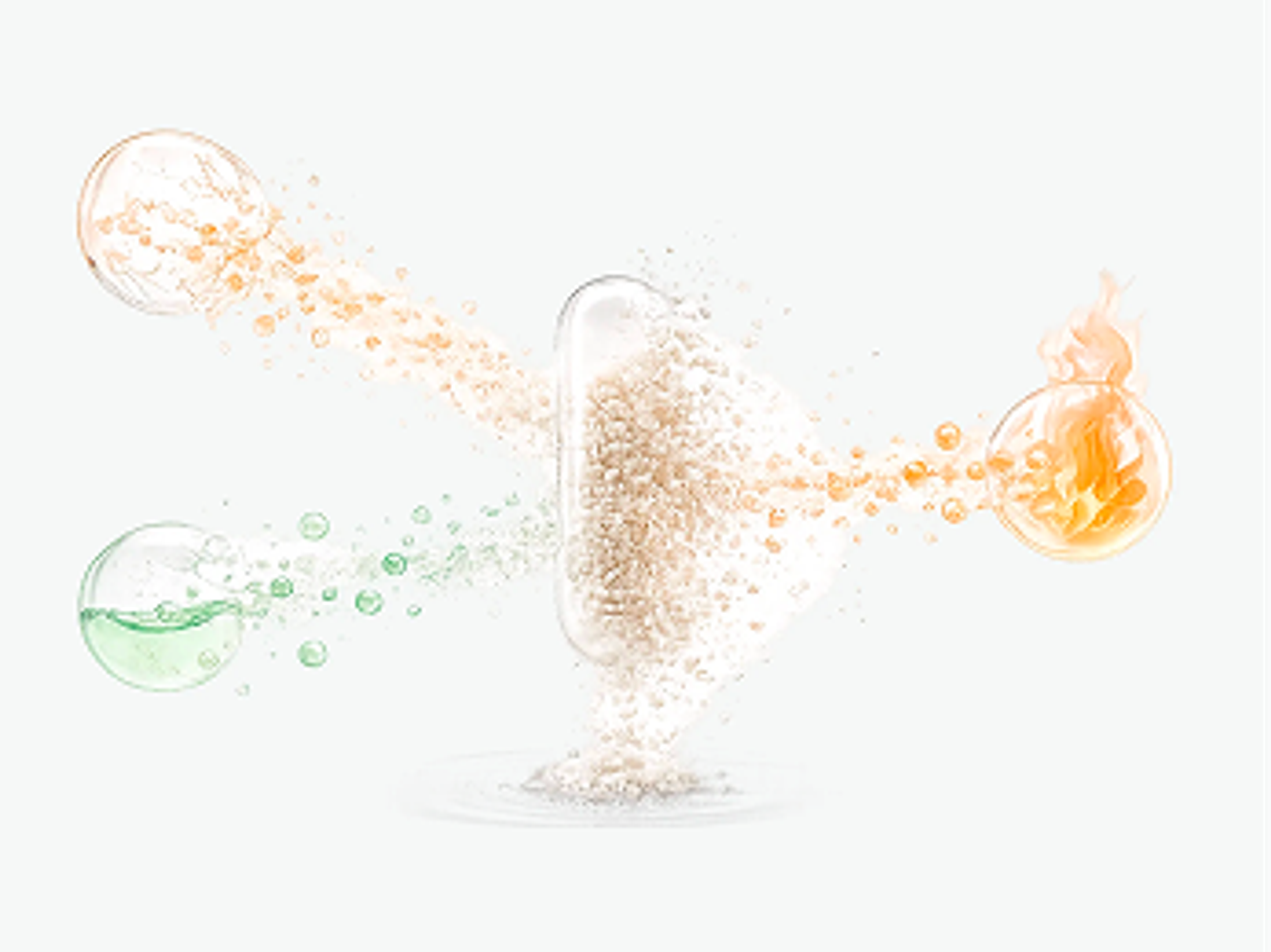 Illustration of orange and green particles flowing toward a central mound of powder.