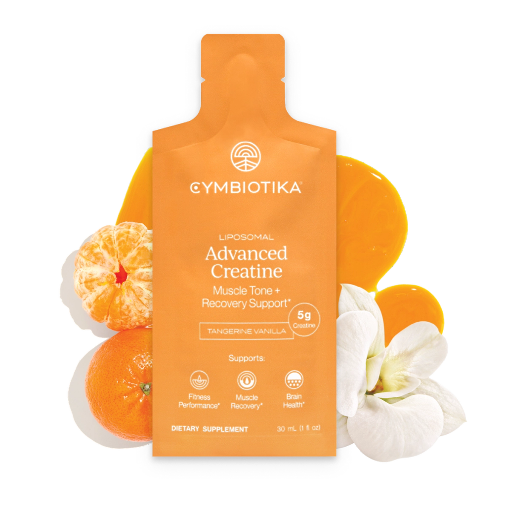 Orange Liposomal Advanced Creatine pouch with tangerines and white flowers; labeled Tangerine Vanilla.