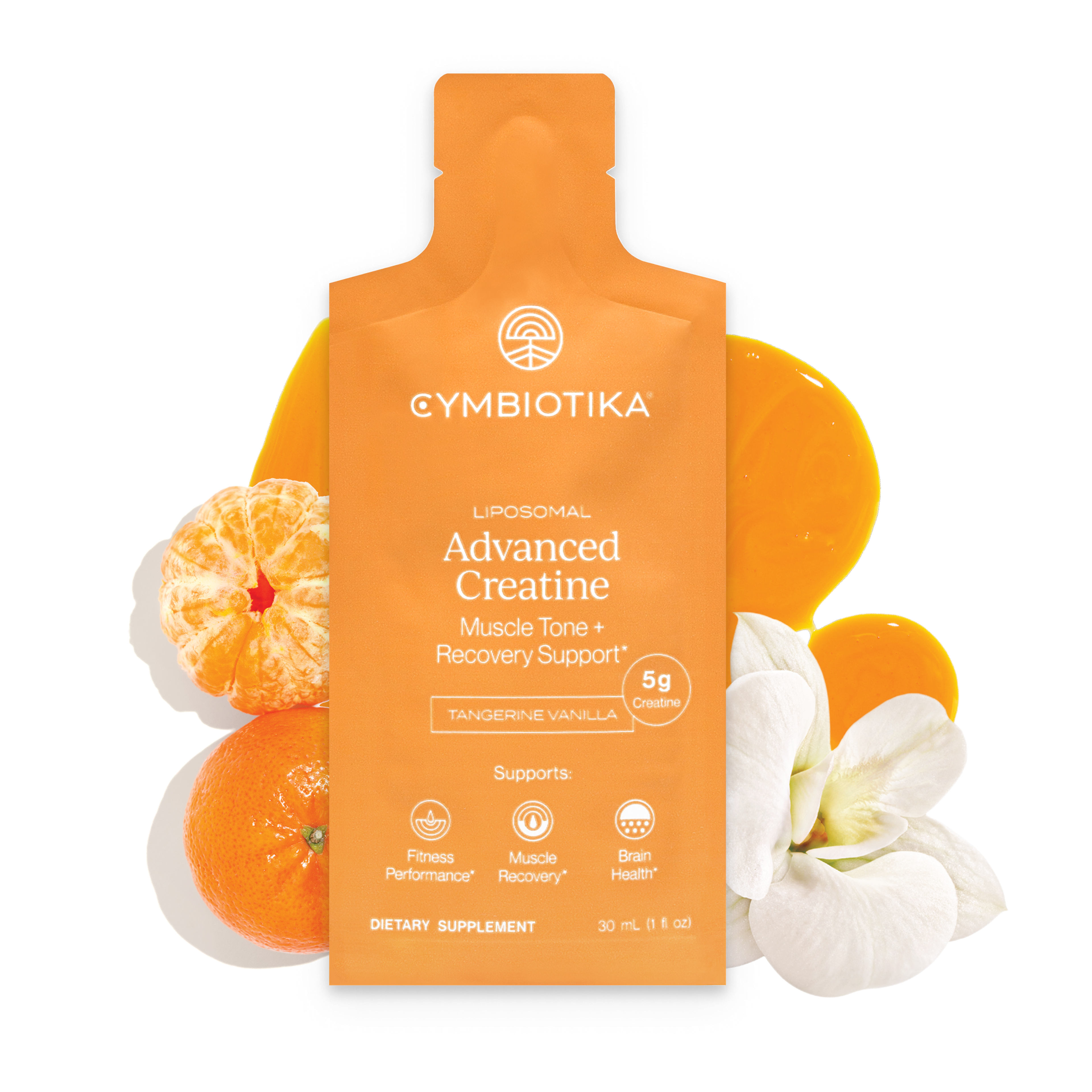 Orange Liposomal Advanced Creatine pouch with tangerines and white flowers; labeled Tangerine Vanilla.