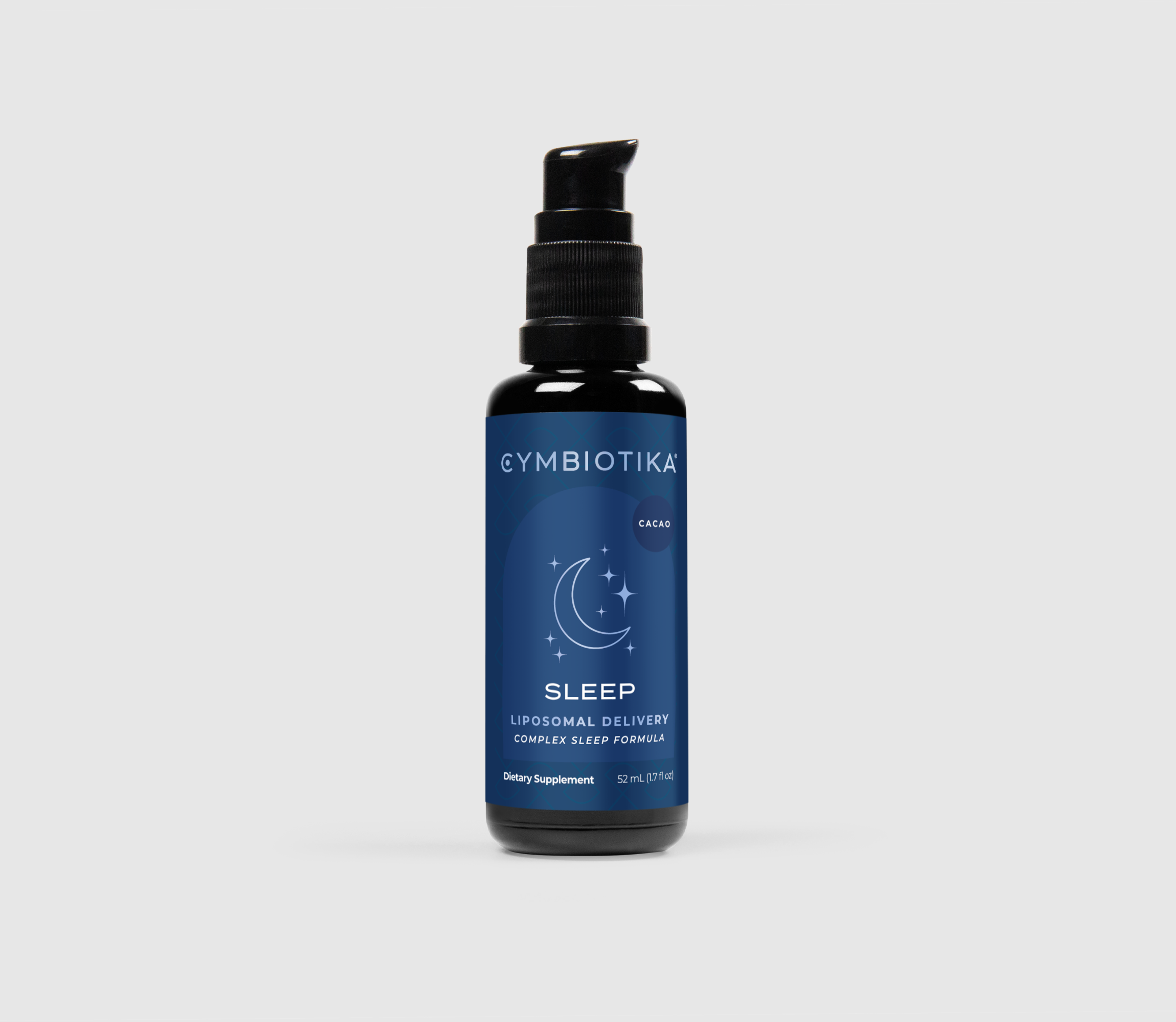 Blue-labeled Cymbiotika Sleep supplement bottle with a black pump dispenser.