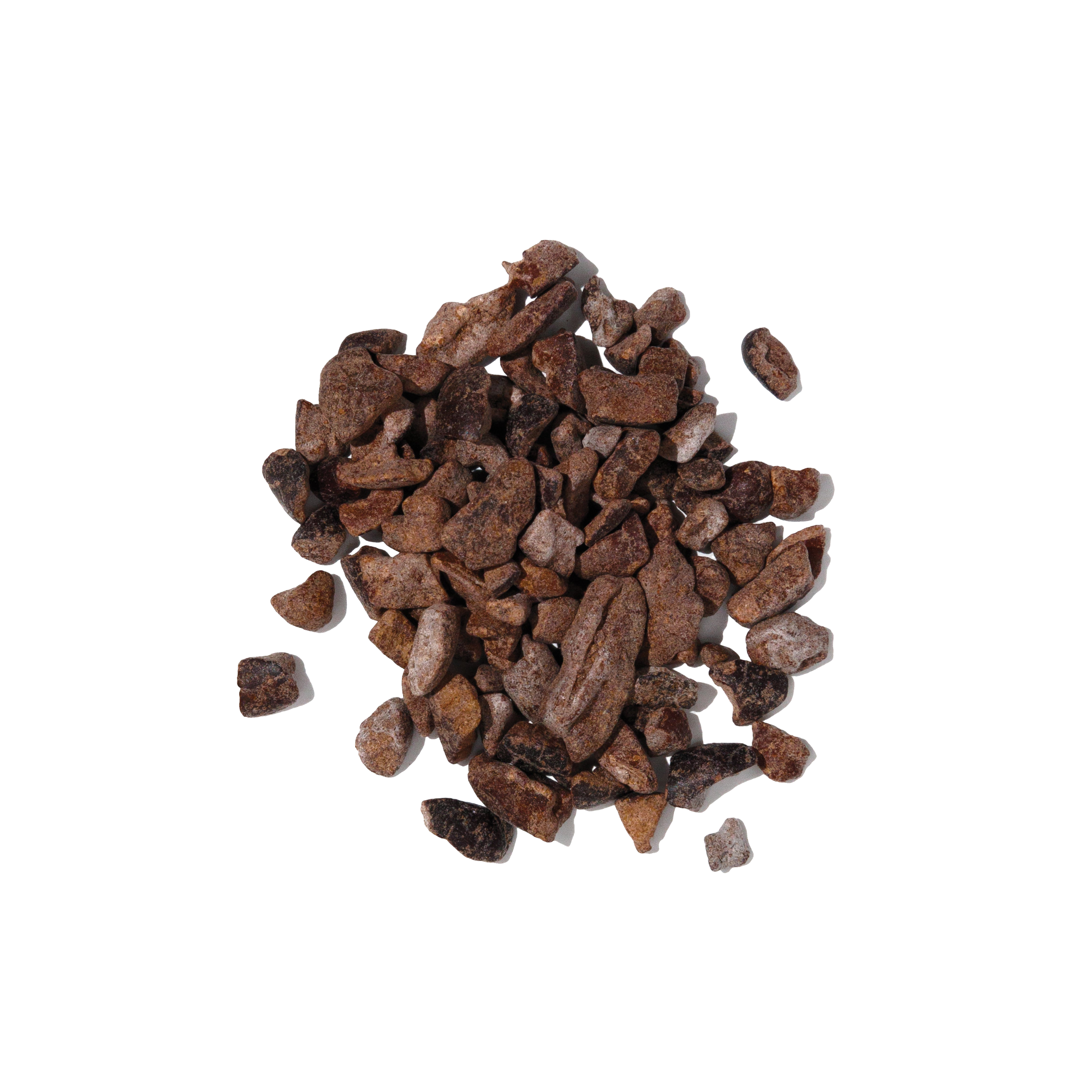 Pile of irregular dark brown cacao pieces, shown as an ingredient visual.