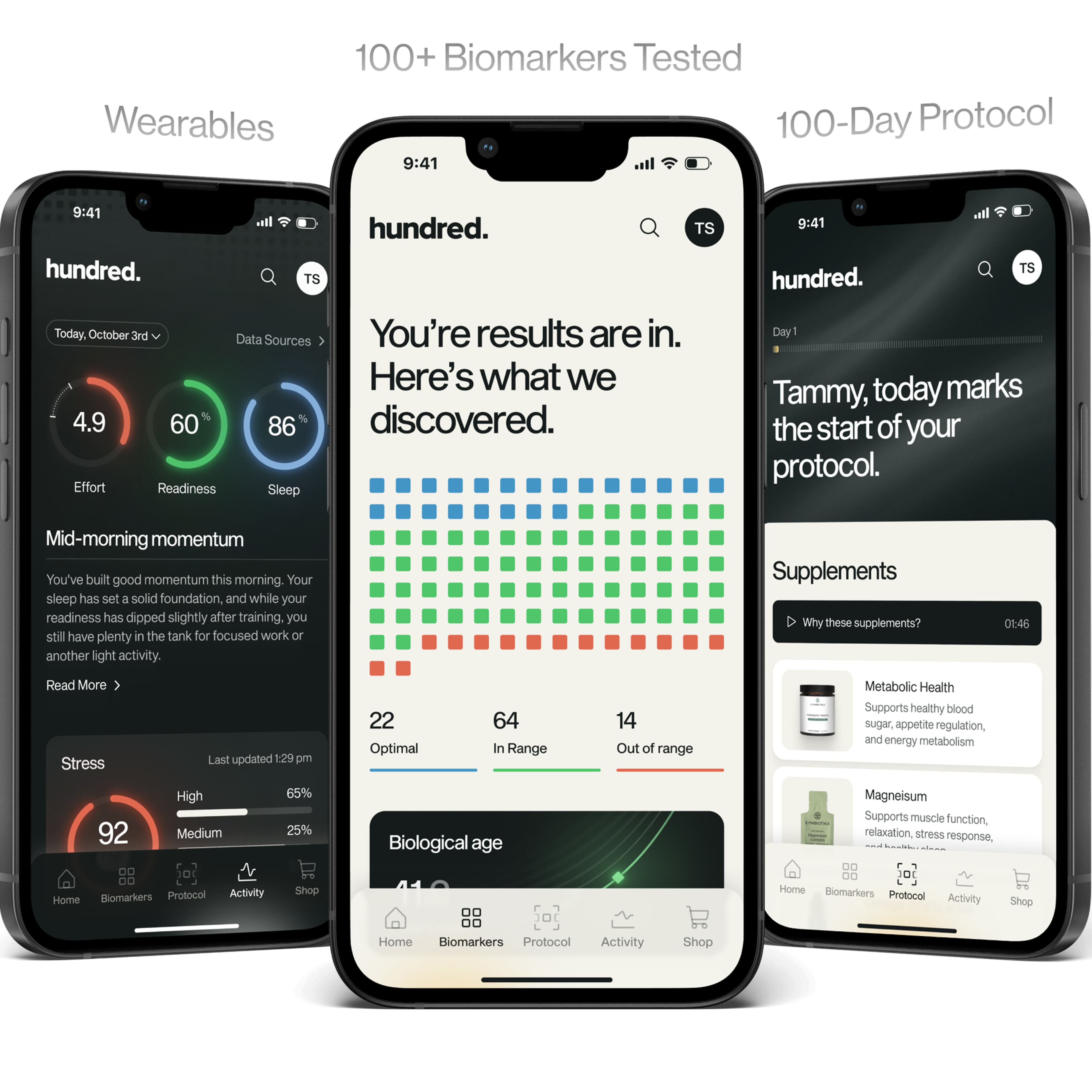 Three smartphone mockups show the hundred. health app, with wearable metrics, biomarker results, and a 100-day protocol.