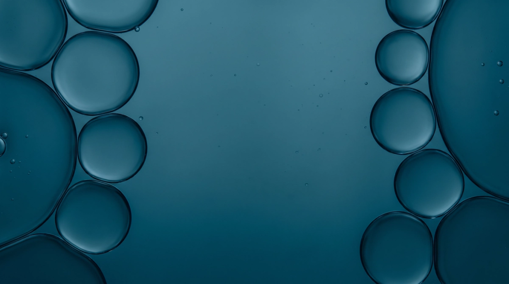 Abstract teal field with translucent circular bubbles clustered along the edges.