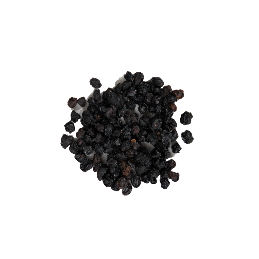 A pile of small, dark, wrinkled dried berries.