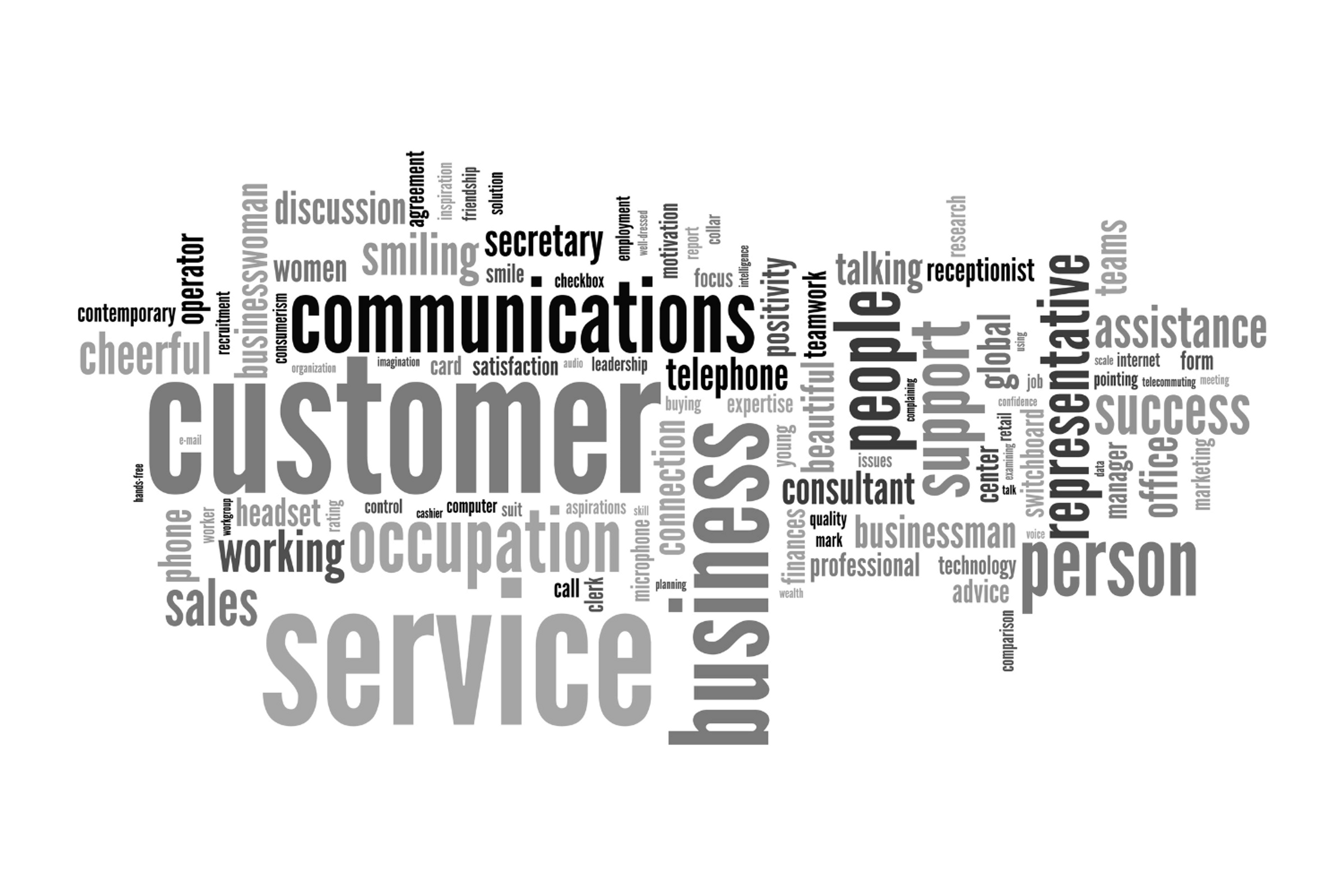 A montage of keywords showing the core values in customer service.