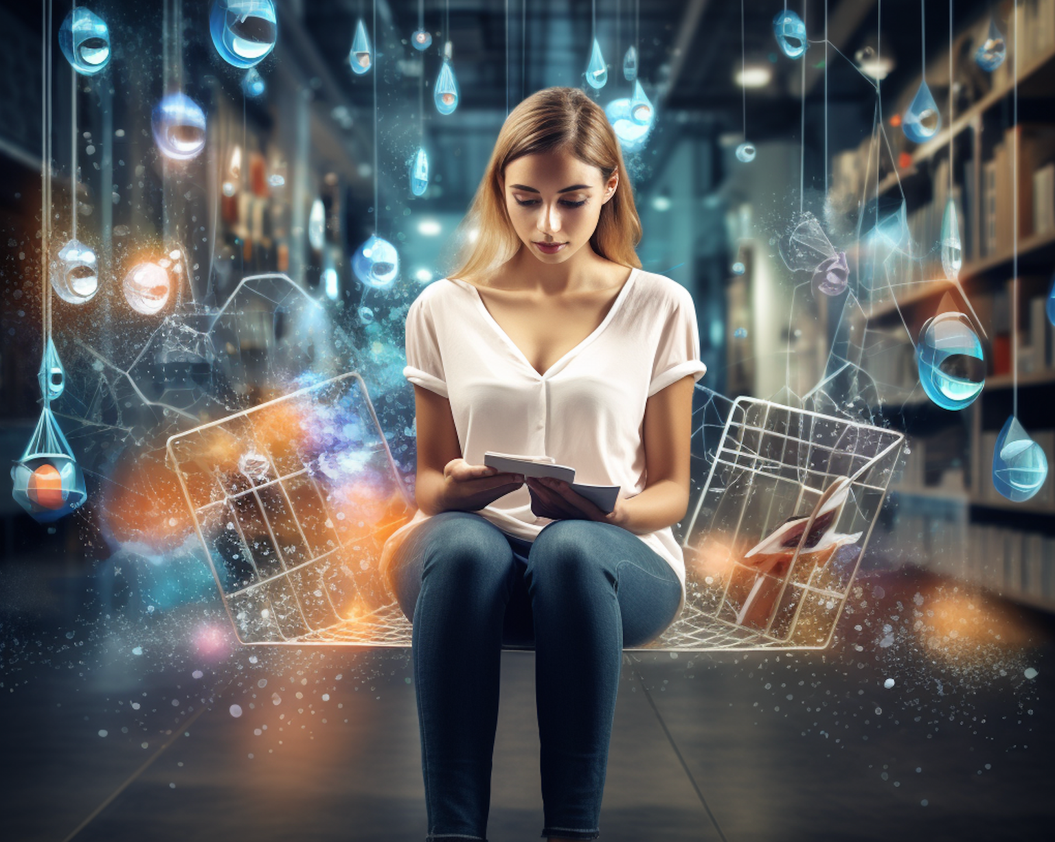 A woman with her tablet in a library, with illustrations at the back