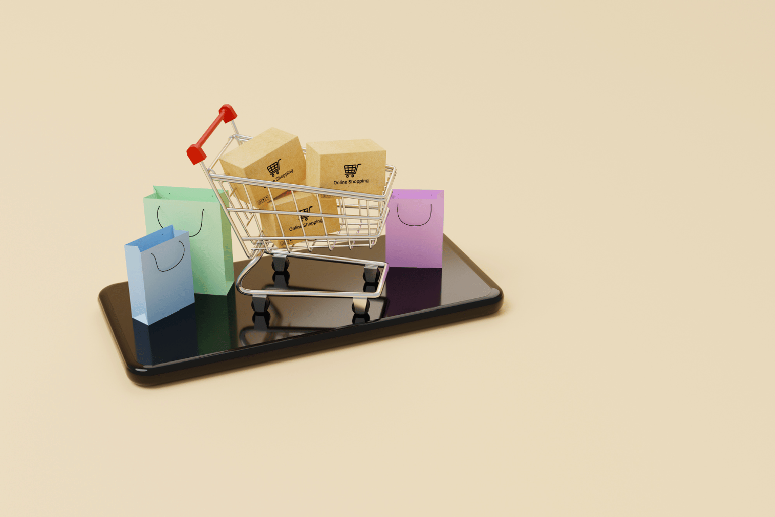 Miniature shopping cart and shopping bags placed on a smartphone