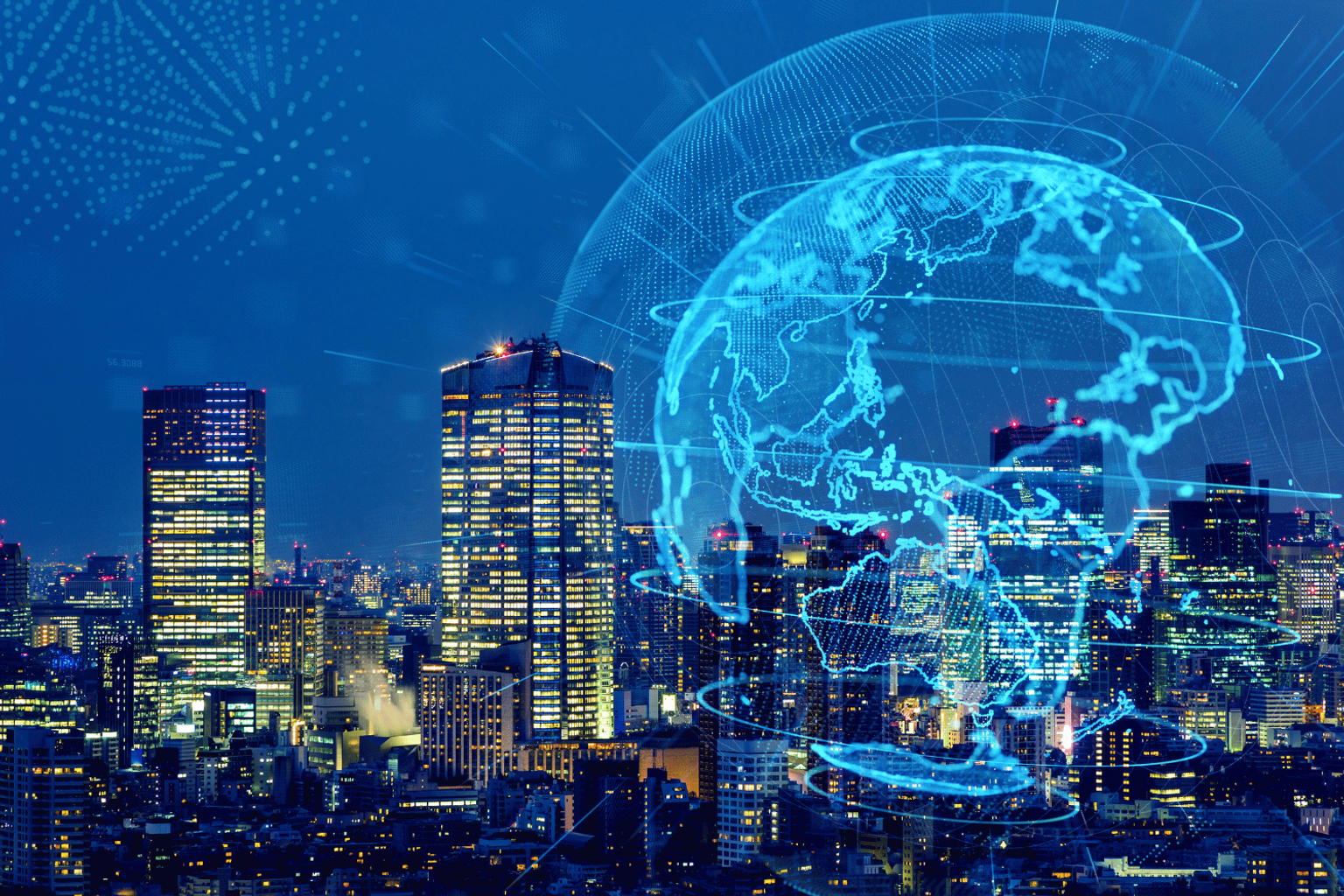 Landscape of a metropolis featuring a digital illustration of a network and globe.
