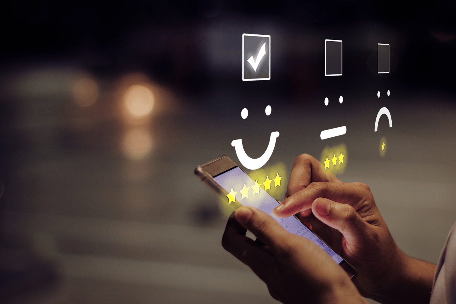Customer rating a service five stars and satisfactory on a smartphone.