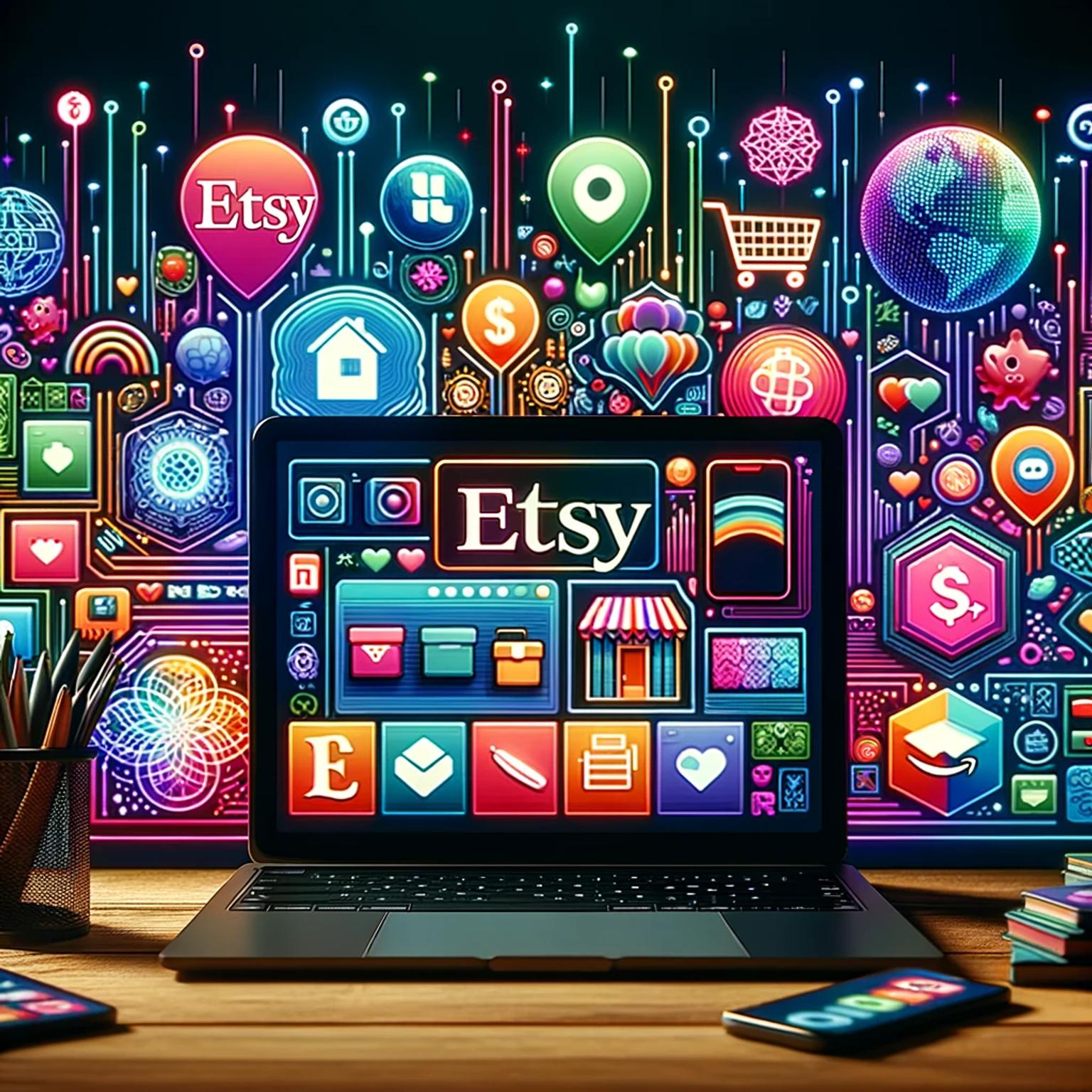 Colorful eCommerce platforms on a screen, illustrating eCommerce opportunities with icons.