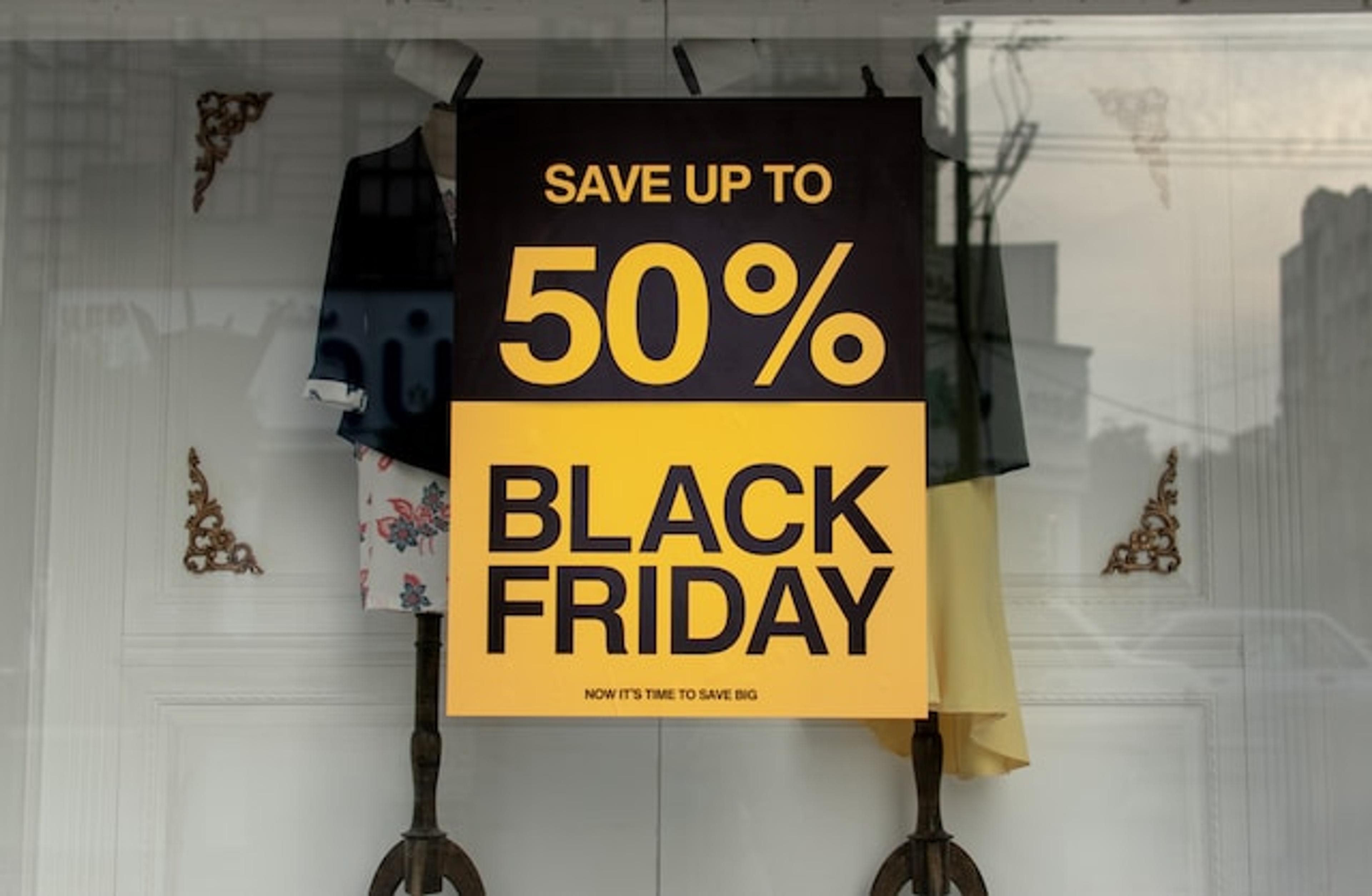 Image of a brick-and-mortar store featuring a 50% Black Friday sale.