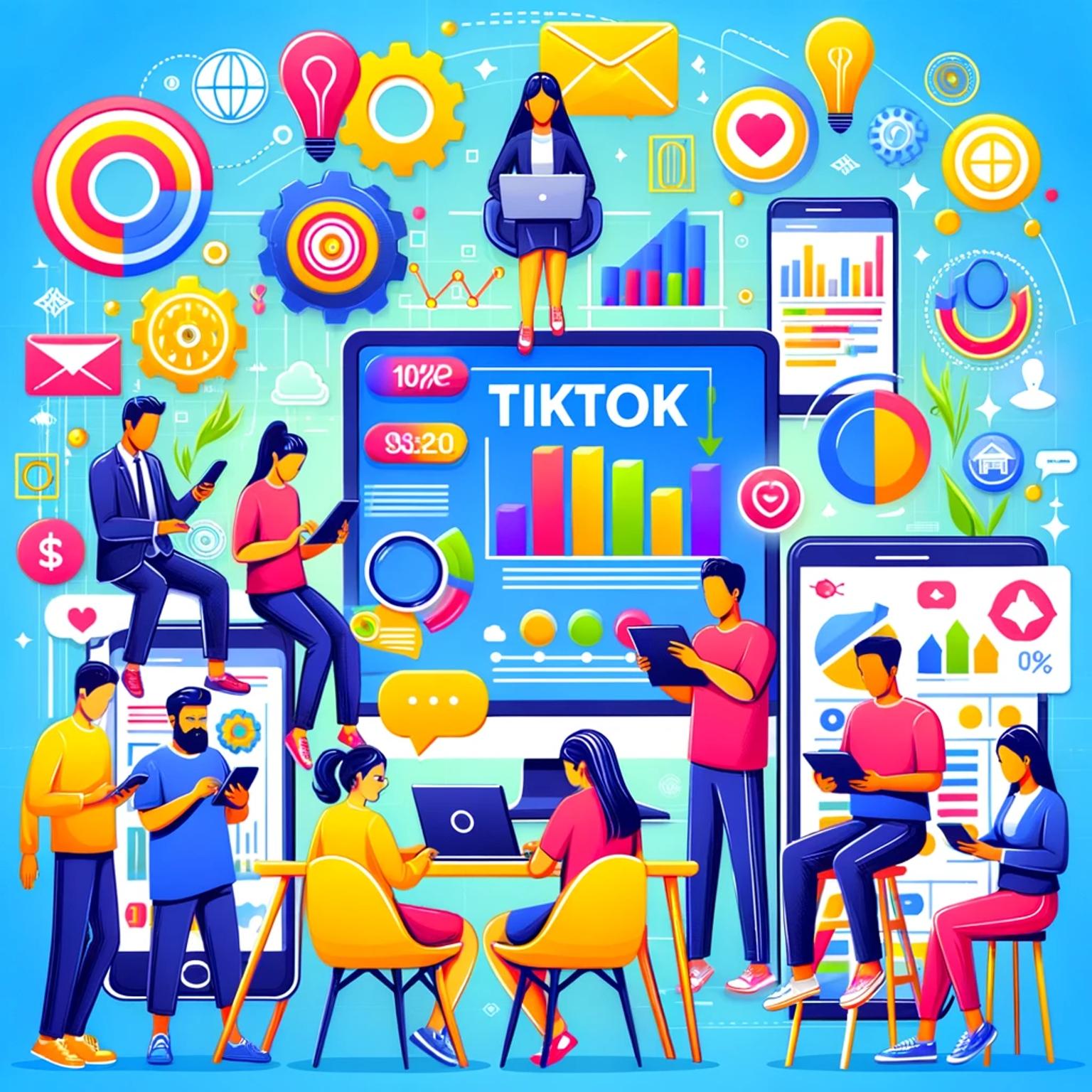 Diverse team working together on eCommerce management, featuring laptops, smartphones, and digital charts representing TikTok Shop analytics.