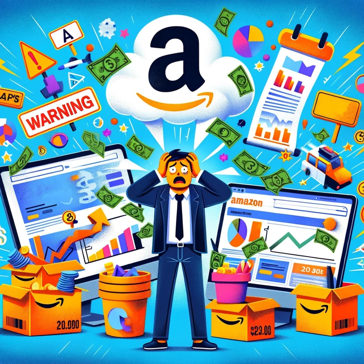 Illustration of an overwhelmed marketer surrounded by Amazon advertising elements, including ad placements, charts, and flying dollar bills, symbolizing wasted money.