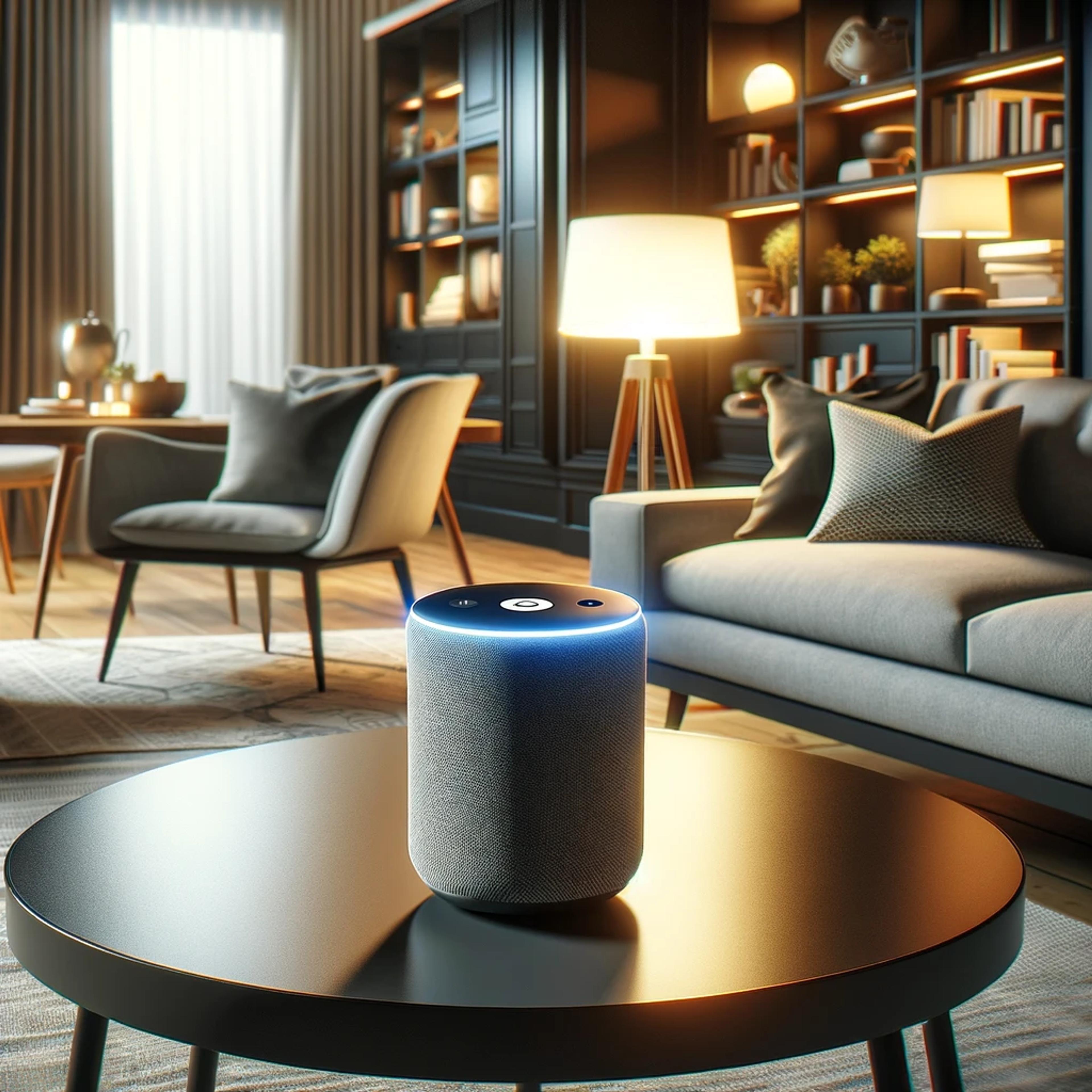 Amazon Alexa home pod placed on a coffee table in a living room