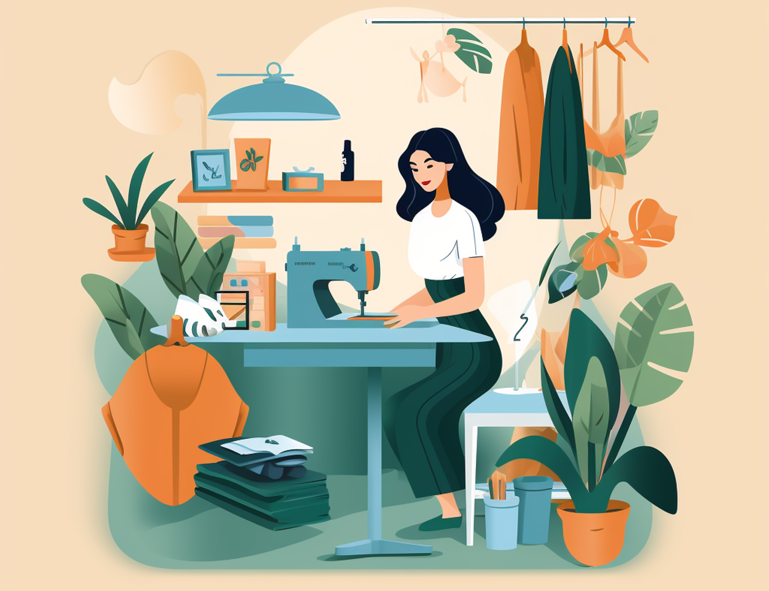 Animated figure working on handmade goods with a sewing machine