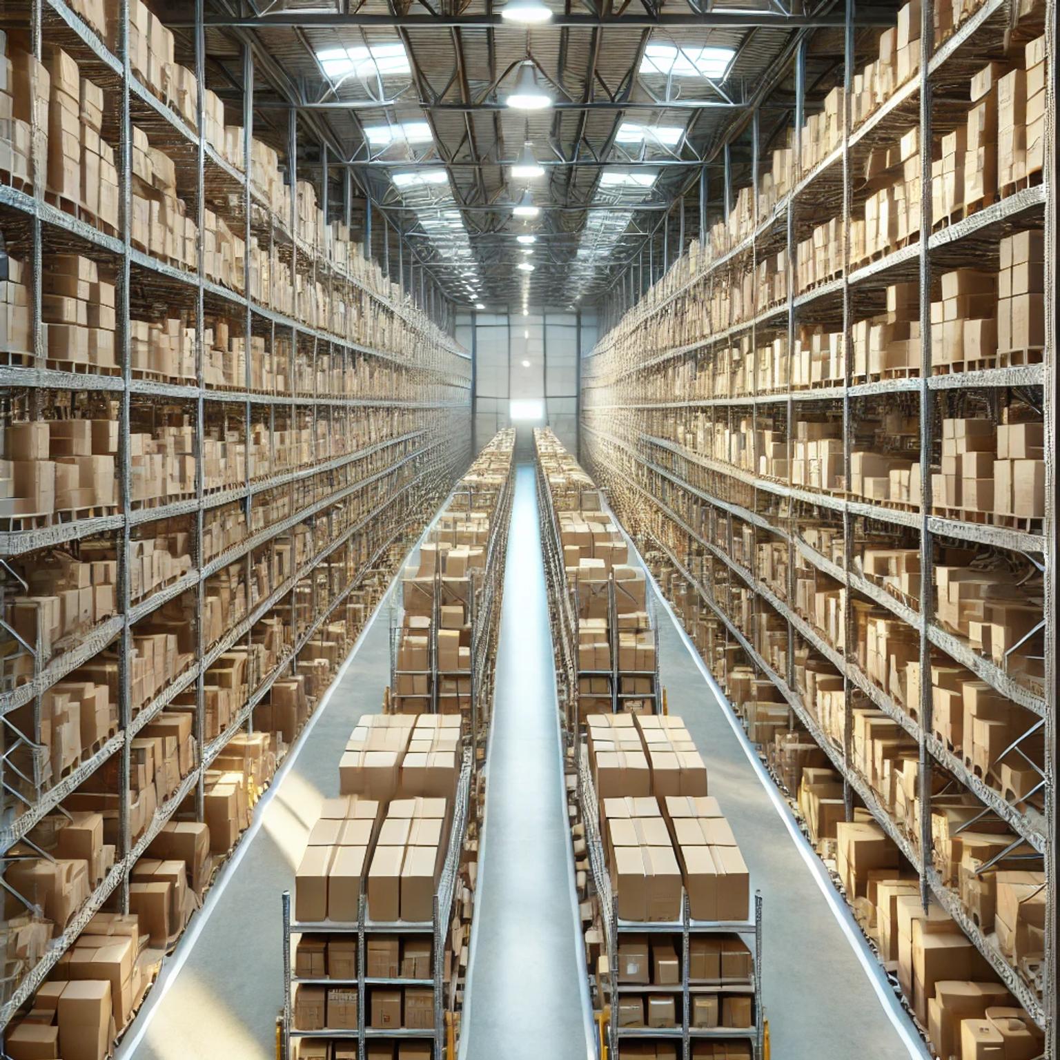 Illustration of a crowded fulfilment center with thousands of pallets.