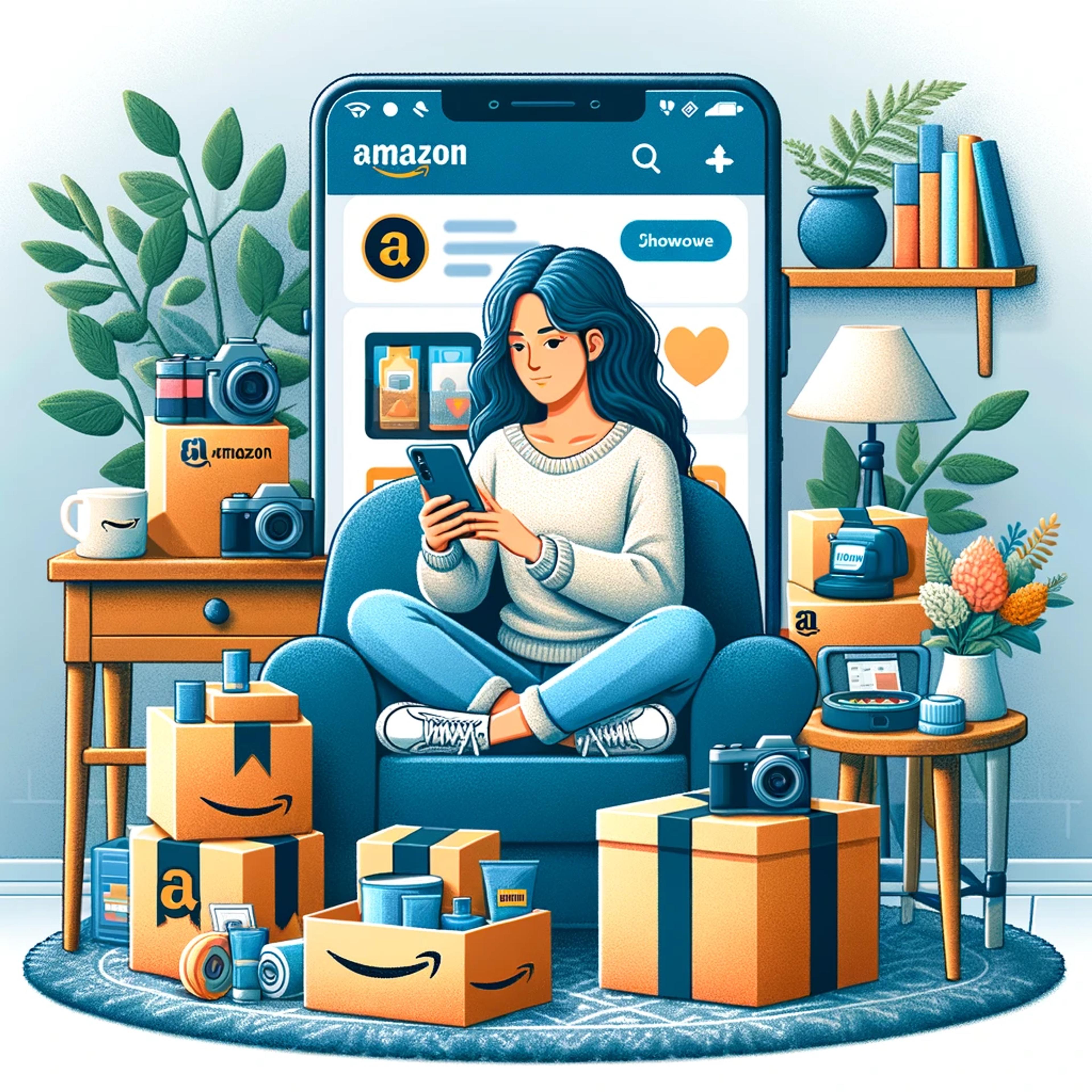 Illustration of a social media influencer promoting Amazon products on Instagram.