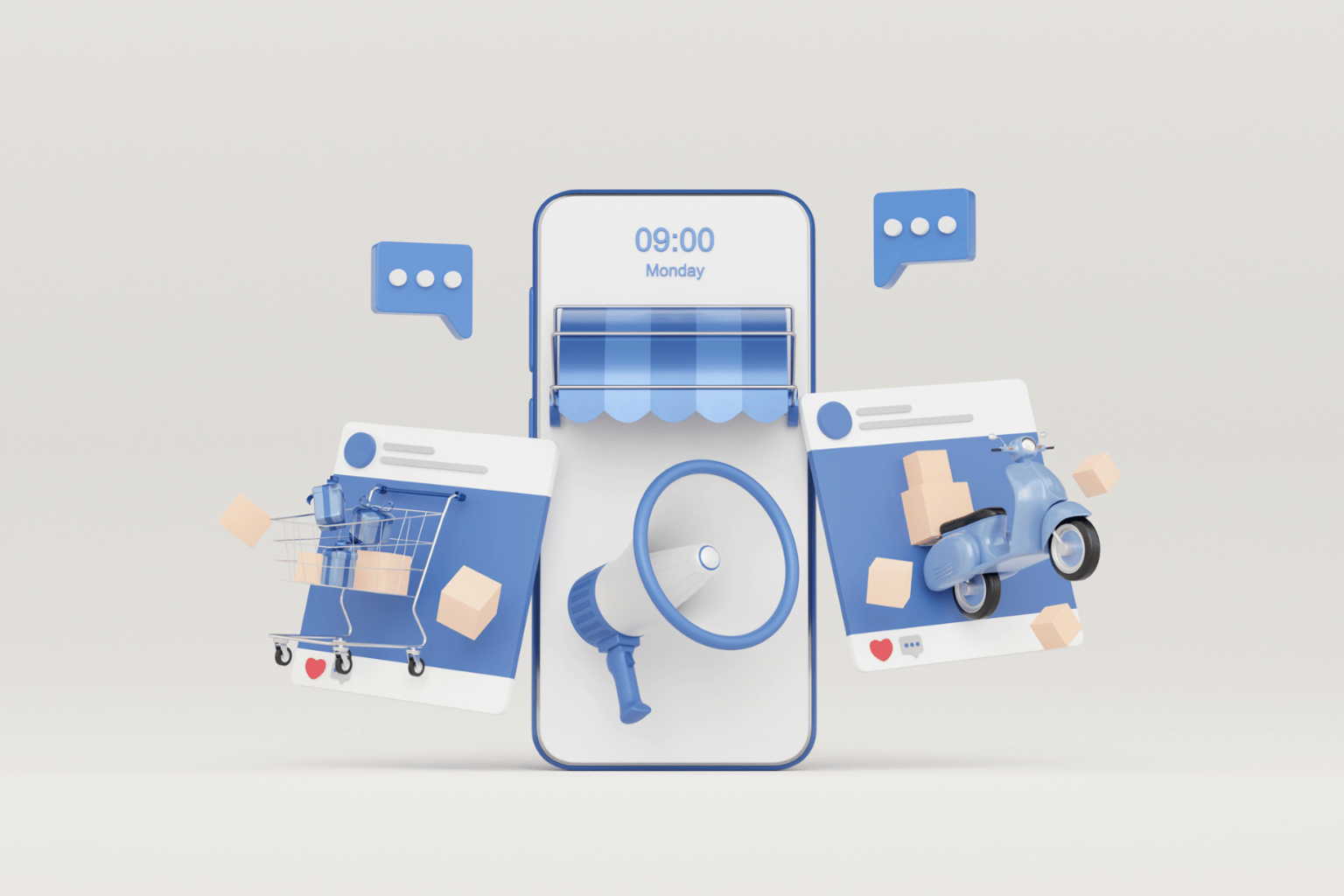 Illustration of a mobile phone featuring e-commerce products and advertisements.