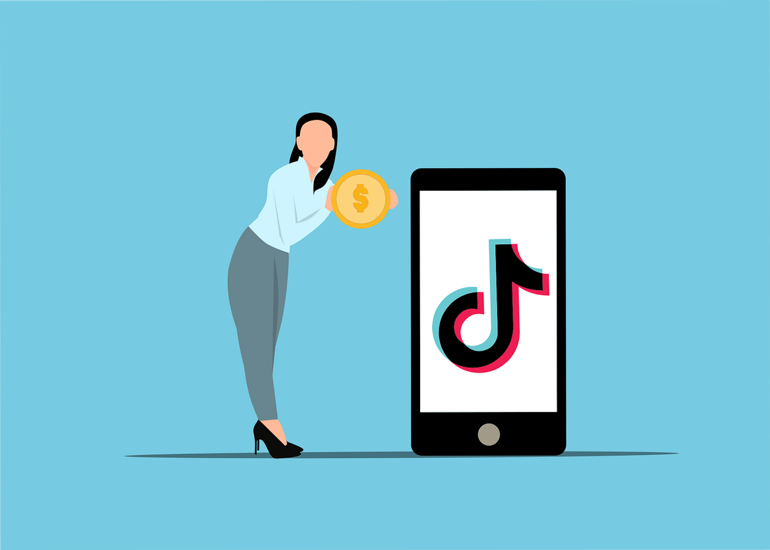 Animated women spending a dollar on her smartphone with Tiktok
