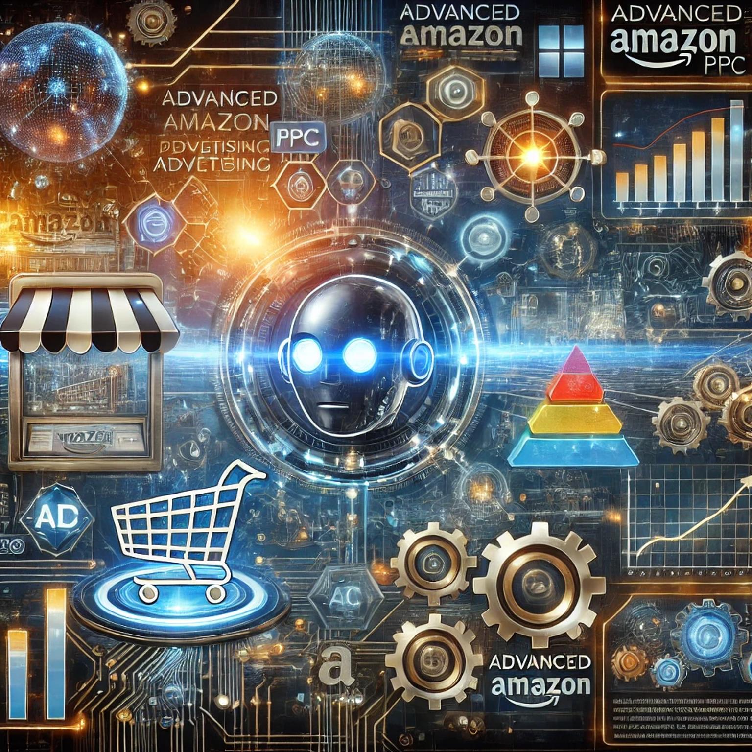 Illustration of the integration of AI and automation in managing Amazon PPC campaigns, with symbolic representations of AI-driven algorithms, automated bidding, and data analysis tools.