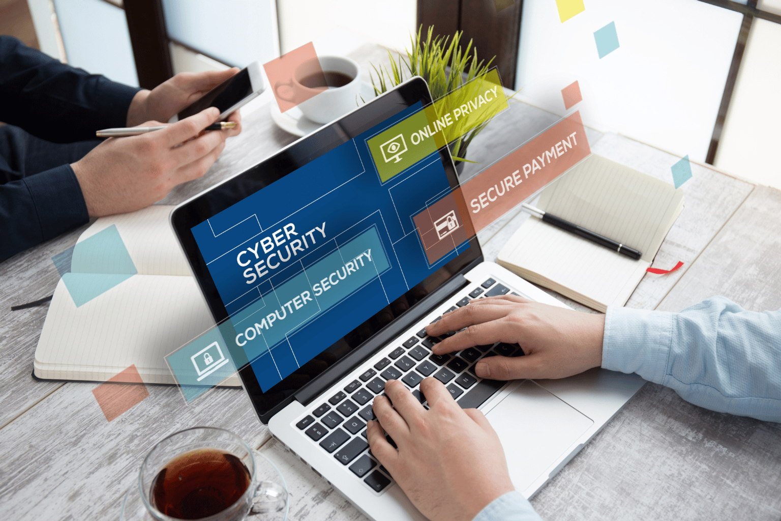 An image illustrating people browsing on laptop and smartphone for keywords like cybersecurity, online payment and secure payment.
